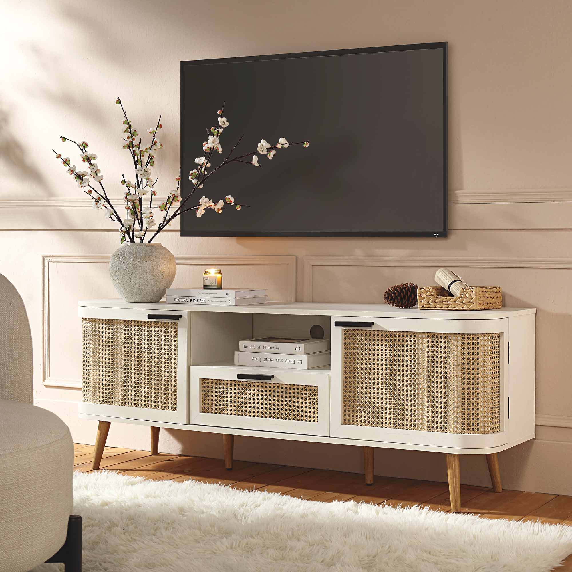 59" White Curved Rattan TV Stand with 2 Cupboards & Drawer, Cable Management & Scandi Style