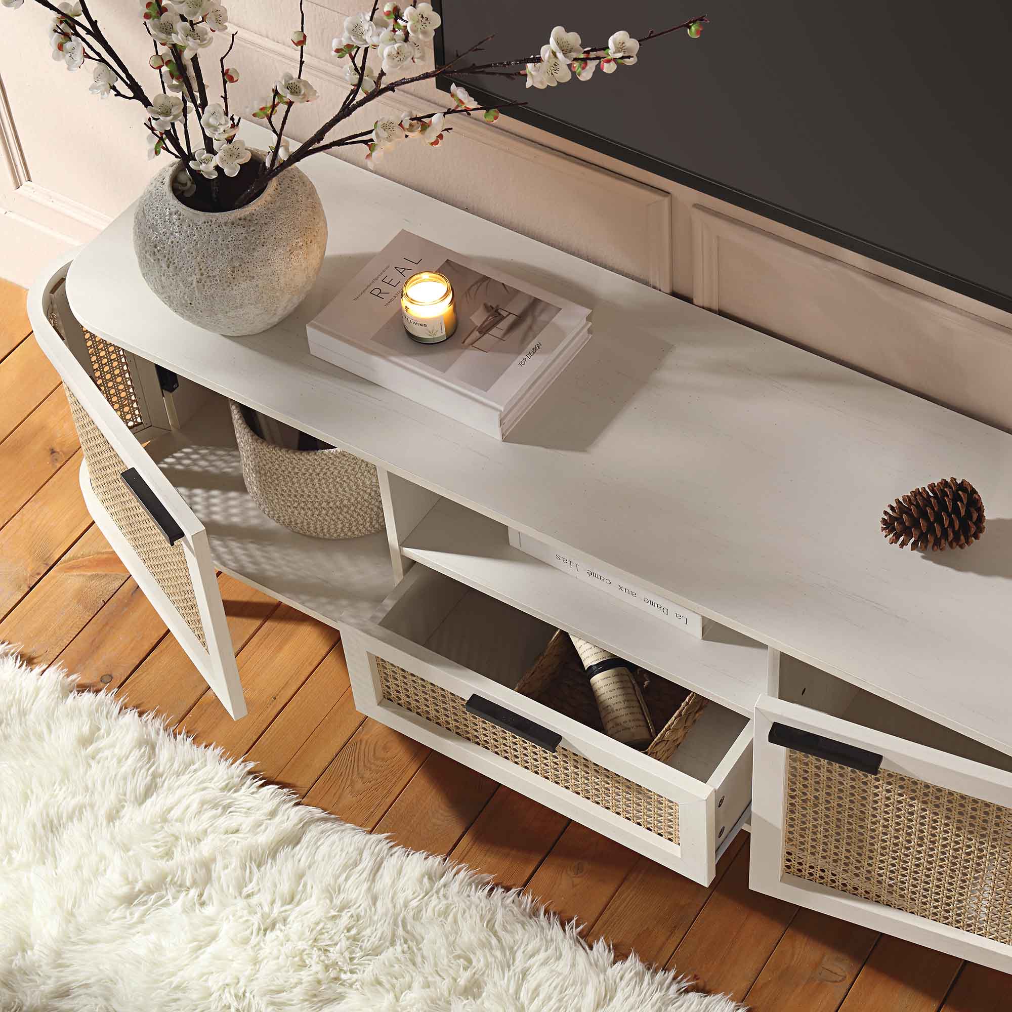 59" White Curved Rattan TV Stand with 2 Cupboards & Drawer, Cable Management & Scandi Style