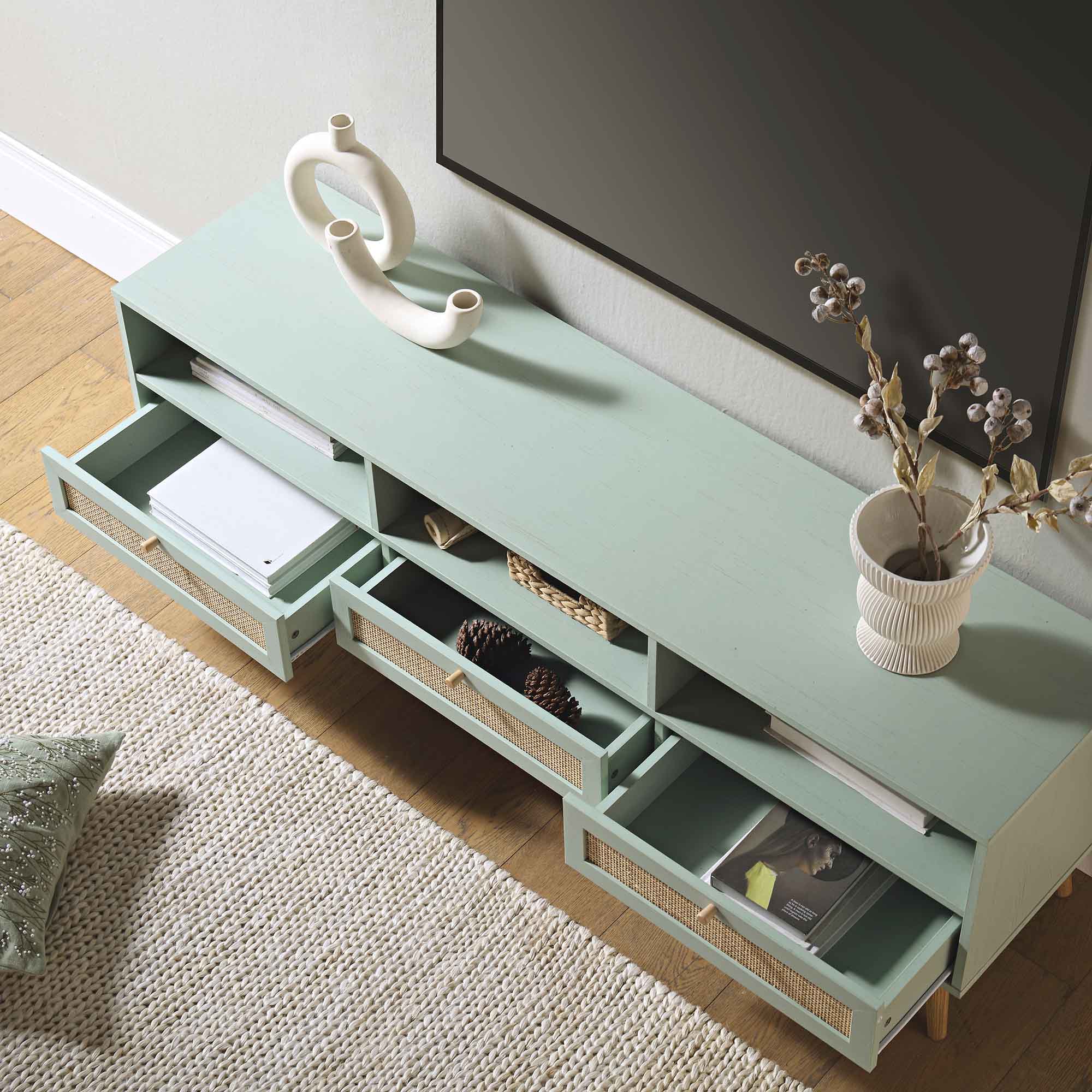 Woven Rattan 63 in. 3-Drawer TV Unit, Mint