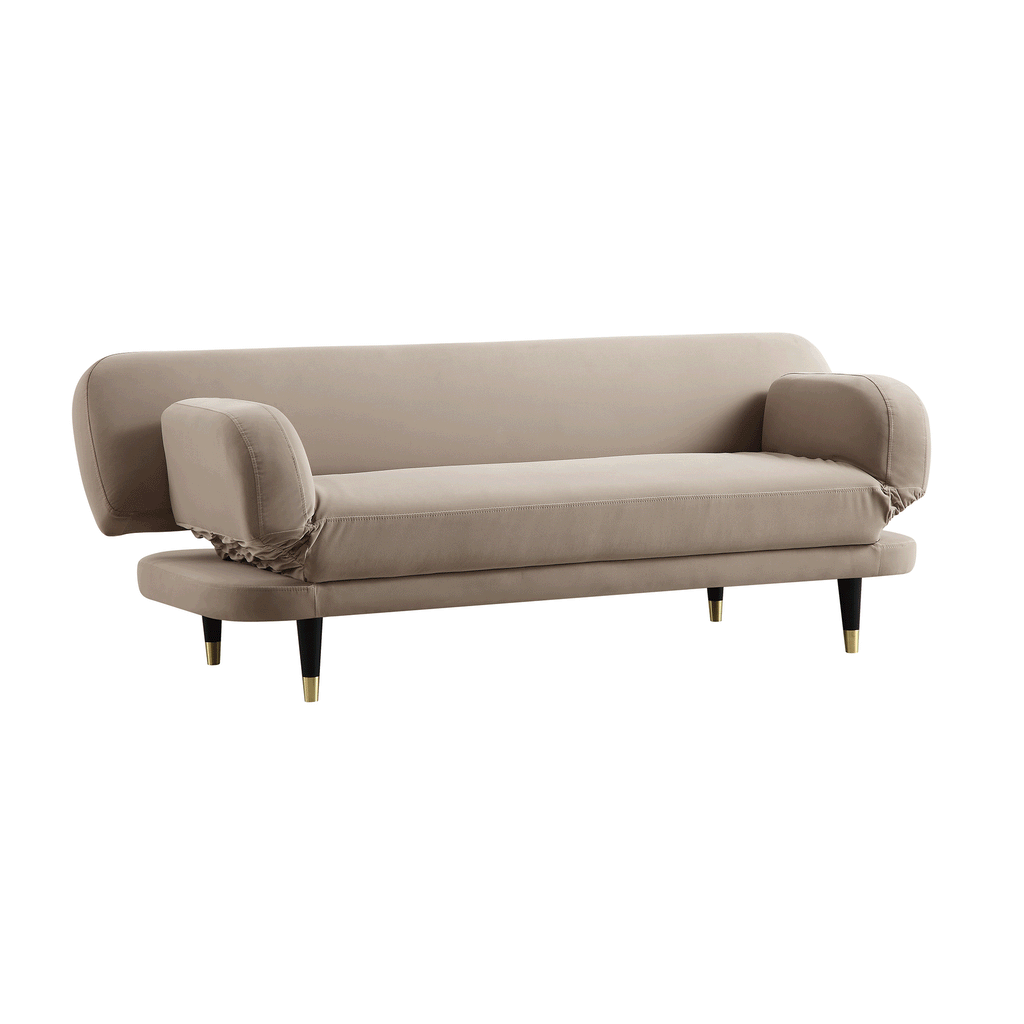 Mink Velvet 2-Seater Sofa Bed Converts to 35" Wide Bed, Adjustable Backrest & Arms, Medieval Style Design