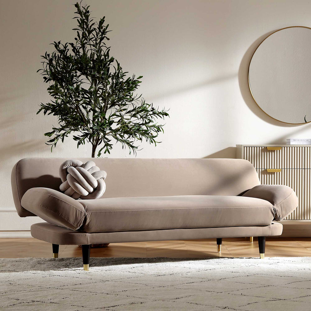 Mink Velvet 2-Seater Sofa Bed Converts to 35" Wide Bed, Adjustable Backrest & Arms, Medieval Style Design