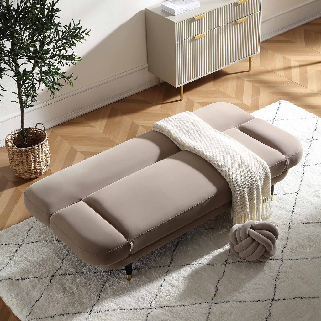 Mink Velvet 2-Seater Sofa Bed Converts to 35" Wide Bed, Adjustable Backrest & Arms, Medieval Style Design