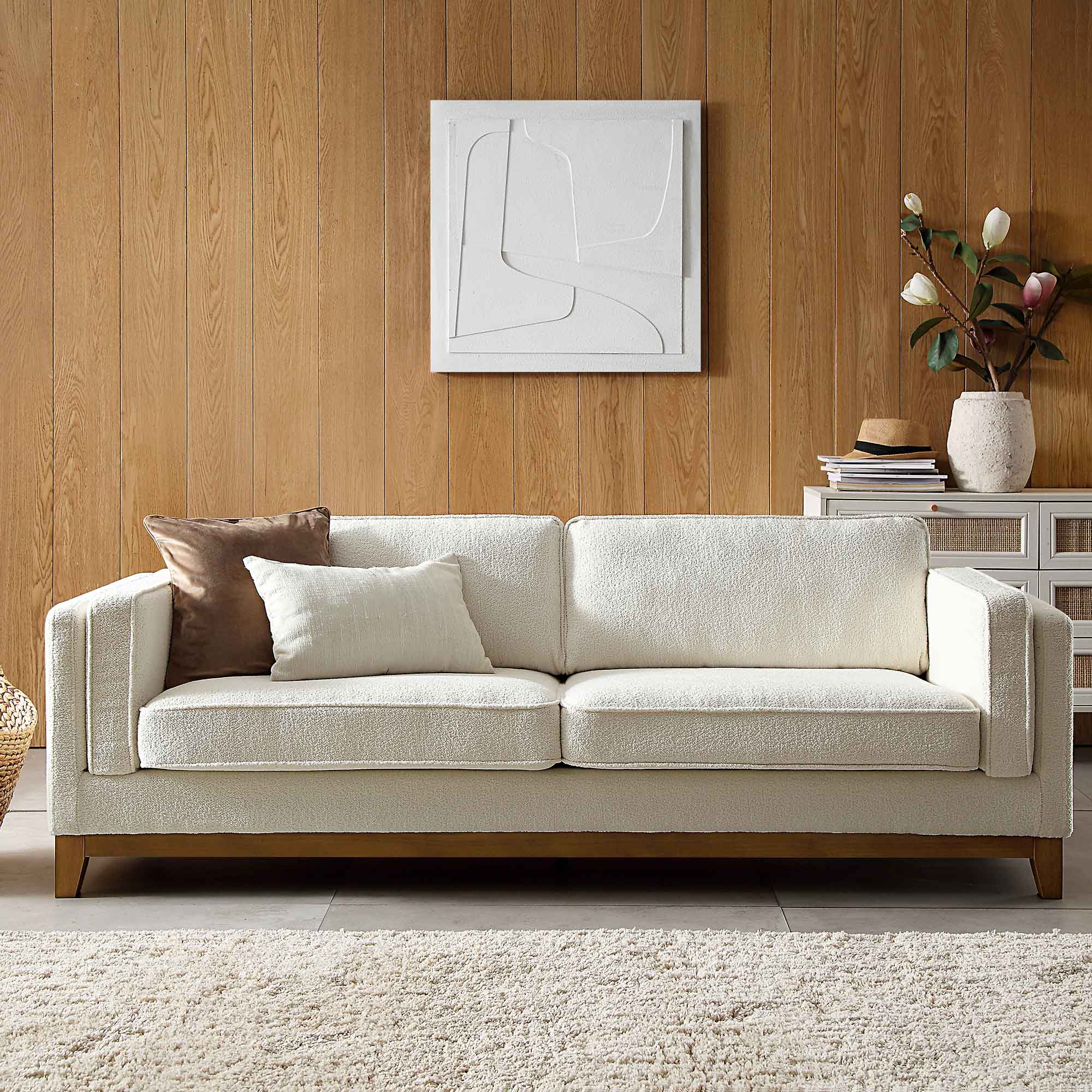 Beige Boucle Fabric Sofa, 3-Seater