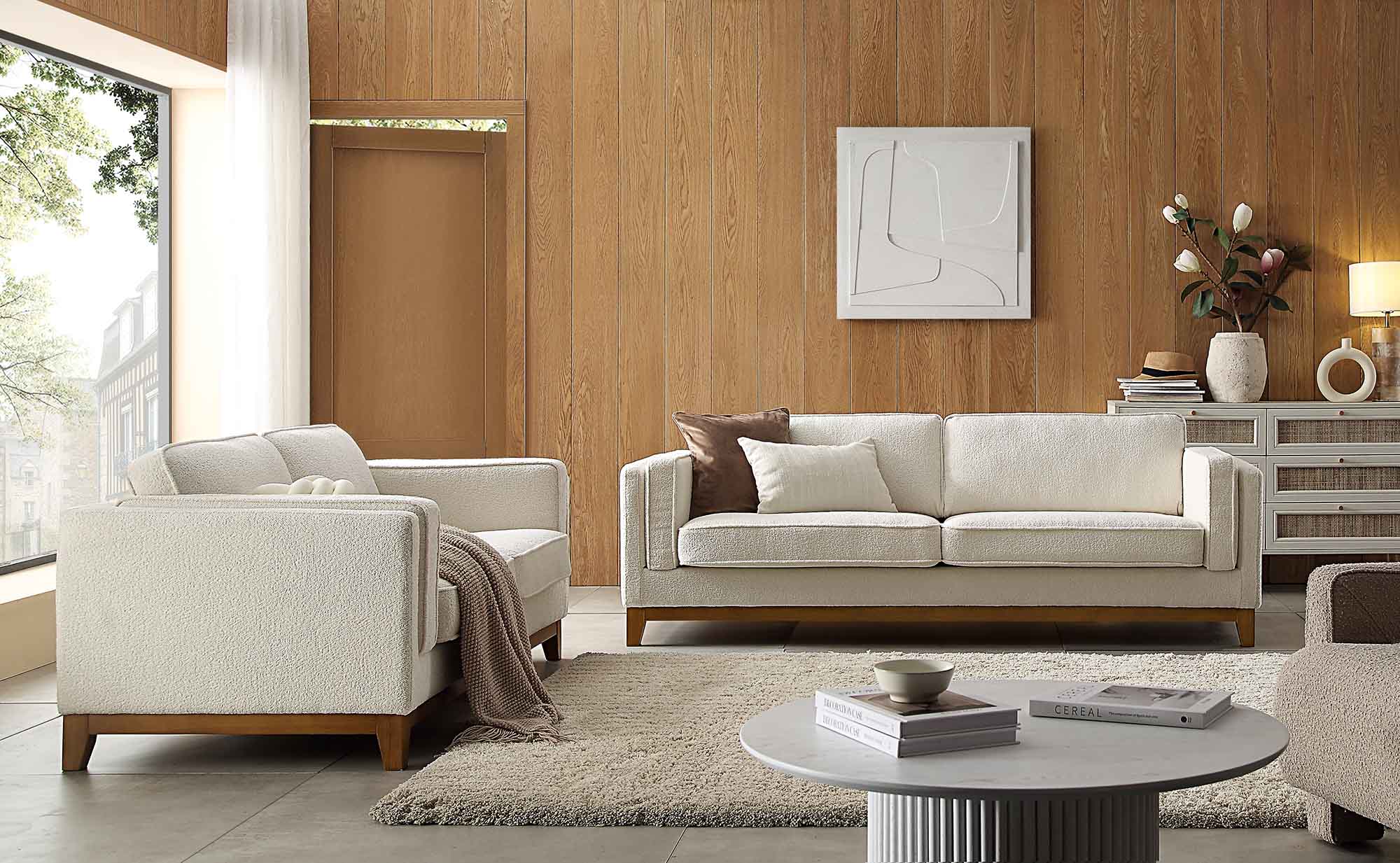 Beige Boucle Fabric Sofa, 3-Seater