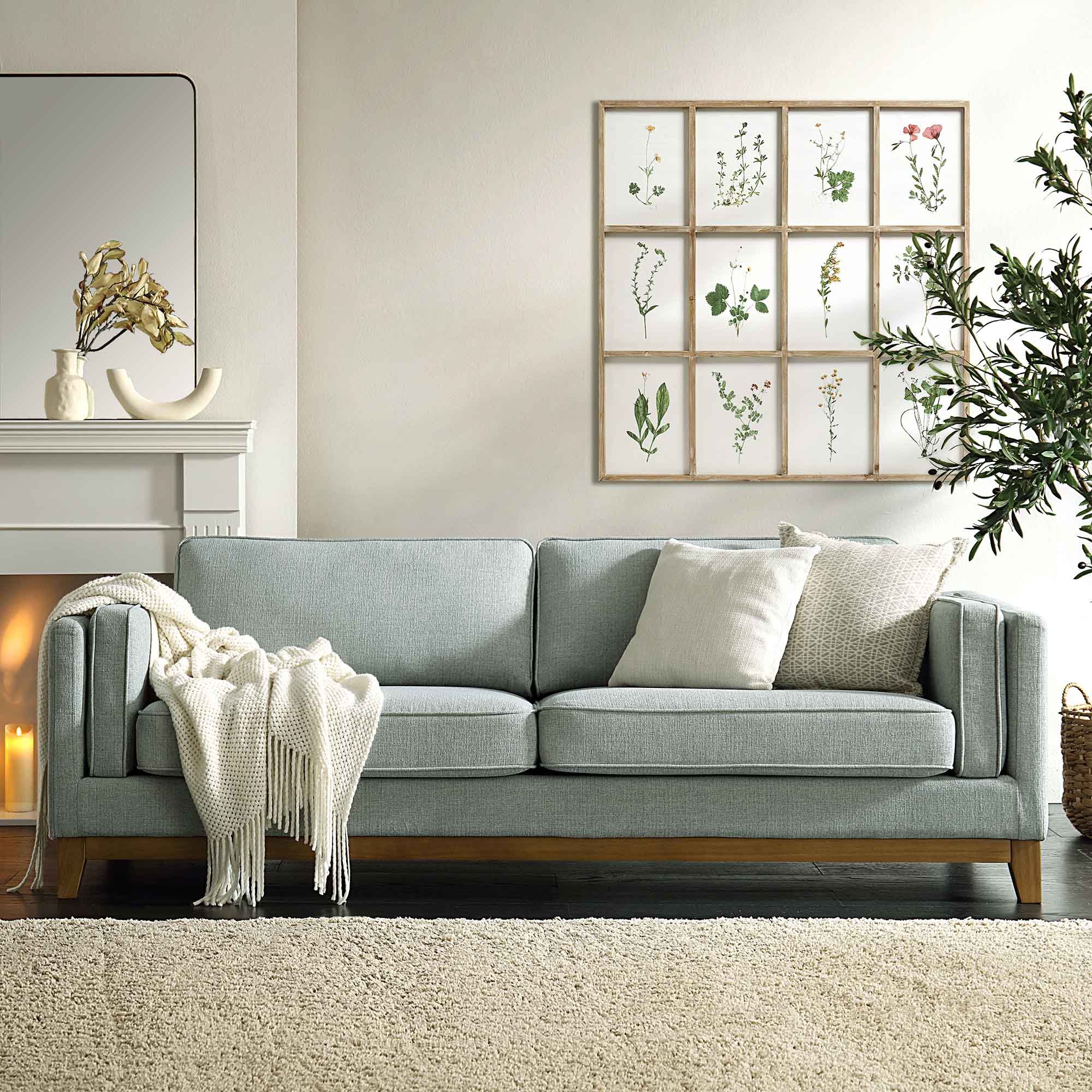 82.3" Wide Sage Chenille 3-Seater Sofa with Track Arms & Solid Wood Base, Modern Retro Design