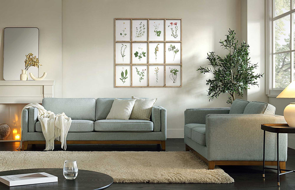 82.3" Wide Sage Chenille 3-Seater Sofa with Track Arms & Solid Wood Base, Modern Retro Design
