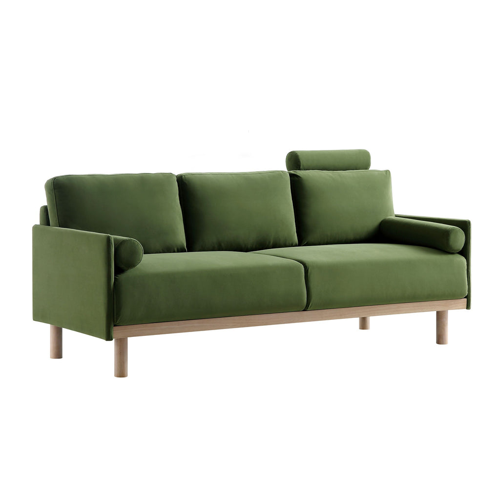 76" Fern Green Velvet 3-Seater Sofa with Adjustable Headrest, Solid Wood Frame & Cylindrical Cushions