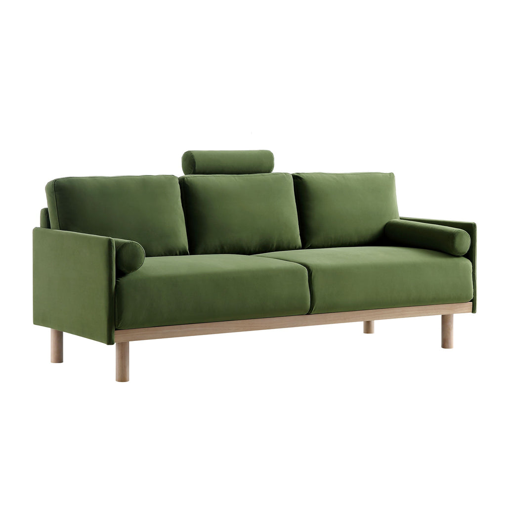 76" Fern Green Velvet 3-Seater Sofa with Adjustable Headrest, Solid Wood Frame & Cylindrical Cushions