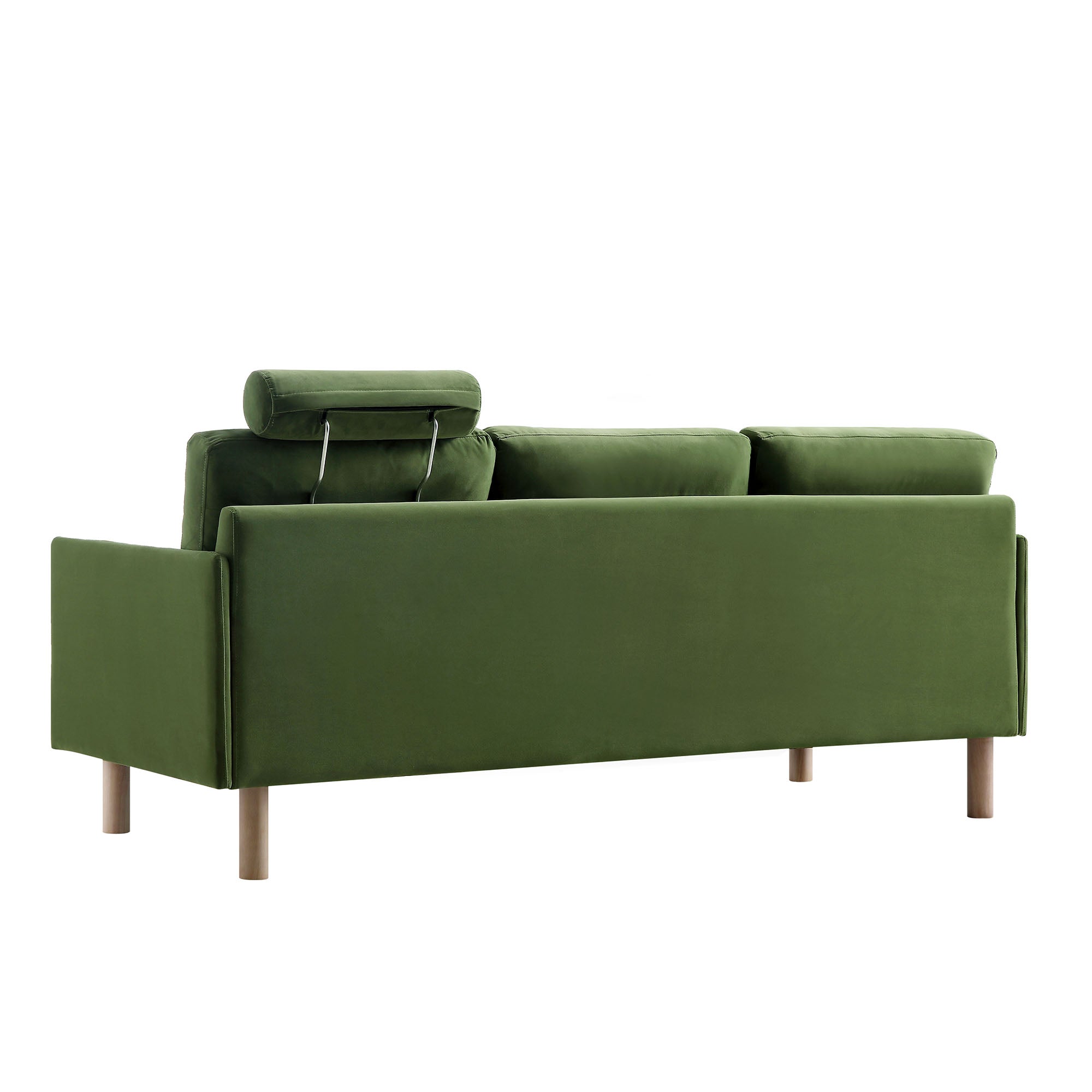 76" Fern Green Velvet 3-Seater Sofa with Adjustable Headrest, Solid Wood Frame & Cylindrical Cushions