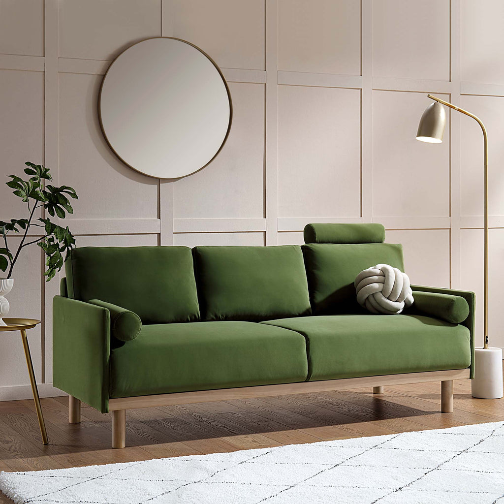 76" Fern Green Velvet 3-Seater Sofa with Adjustable Headrest, Solid Wood Frame & Cylindrical Cushions