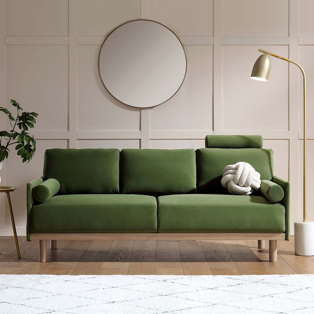 76" Fern Green Velvet 3-Seater Sofa with Adjustable Headrest, Solid Wood Frame & Cylindrical Cushions