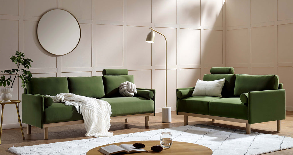 76" Fern Green Velvet 3-Seater Sofa with Adjustable Headrest, Solid Wood Frame & Cylindrical Cushions