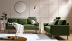 76" Fern Green Velvet 3-Seater Sofa with Adjustable Headrest, Solid Wood Frame & Cylindrical Cushions