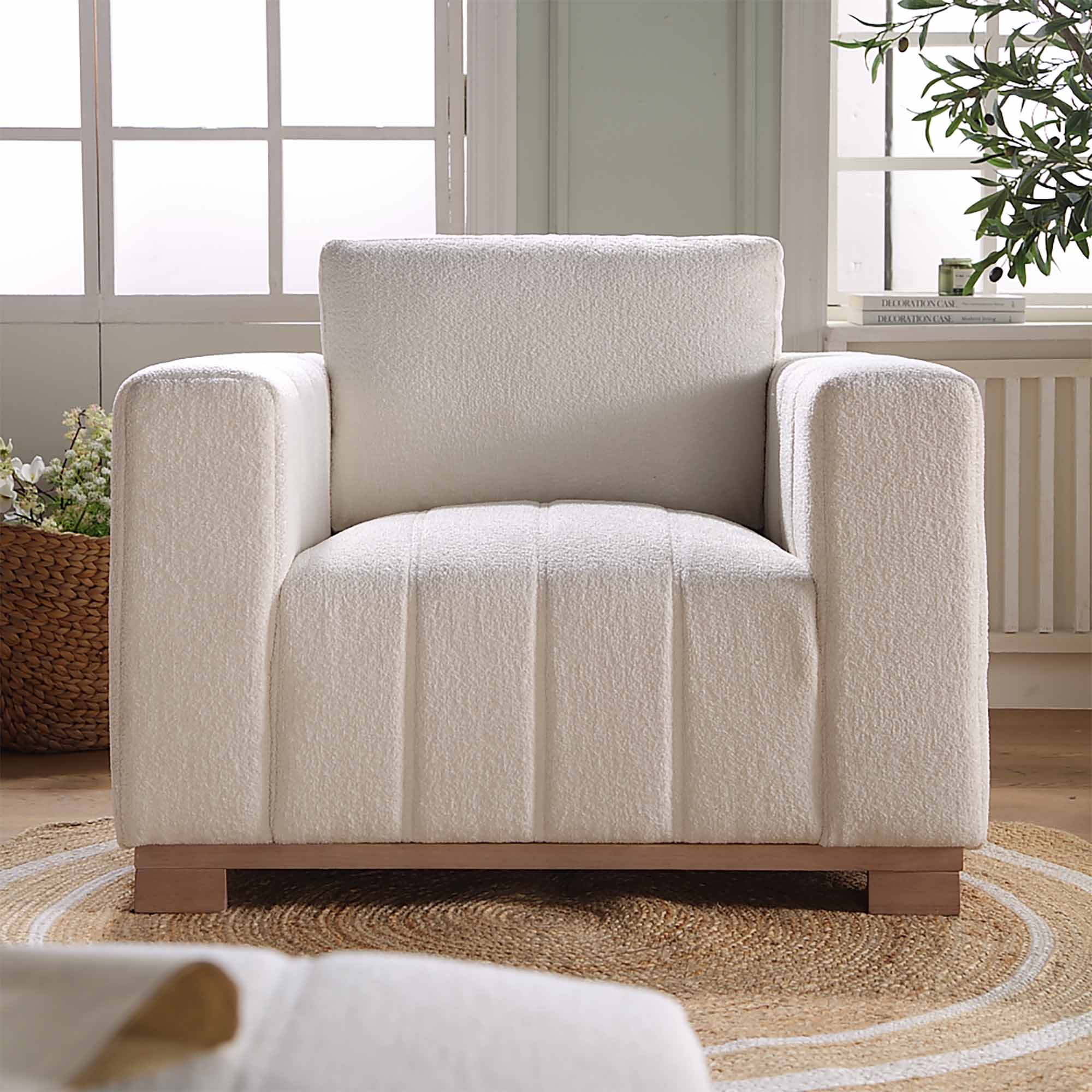 Beige Boucle Sofa with Wooden Base, 1-Seater