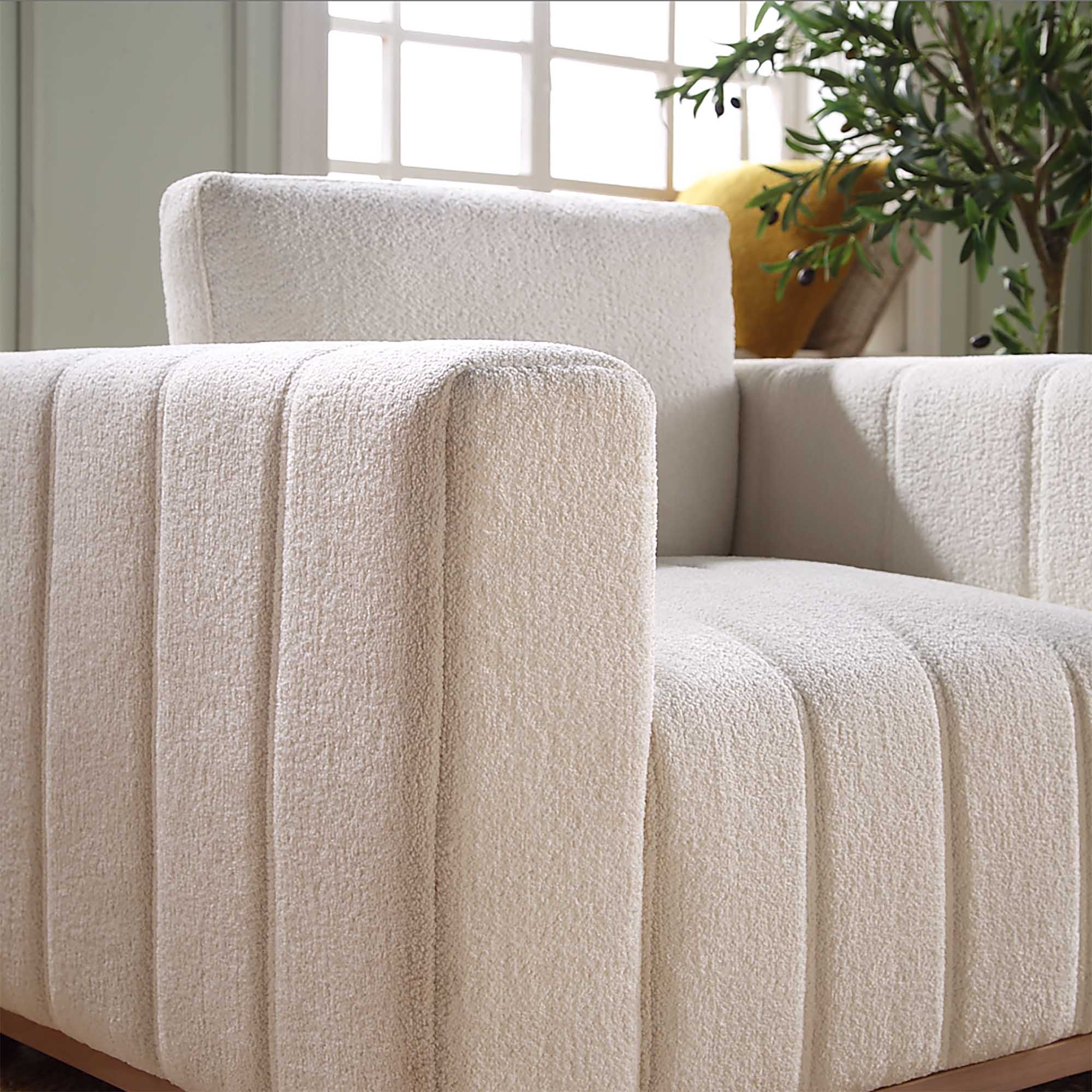 Beige Boucle Sofa with Wooden Base, 1-Seater