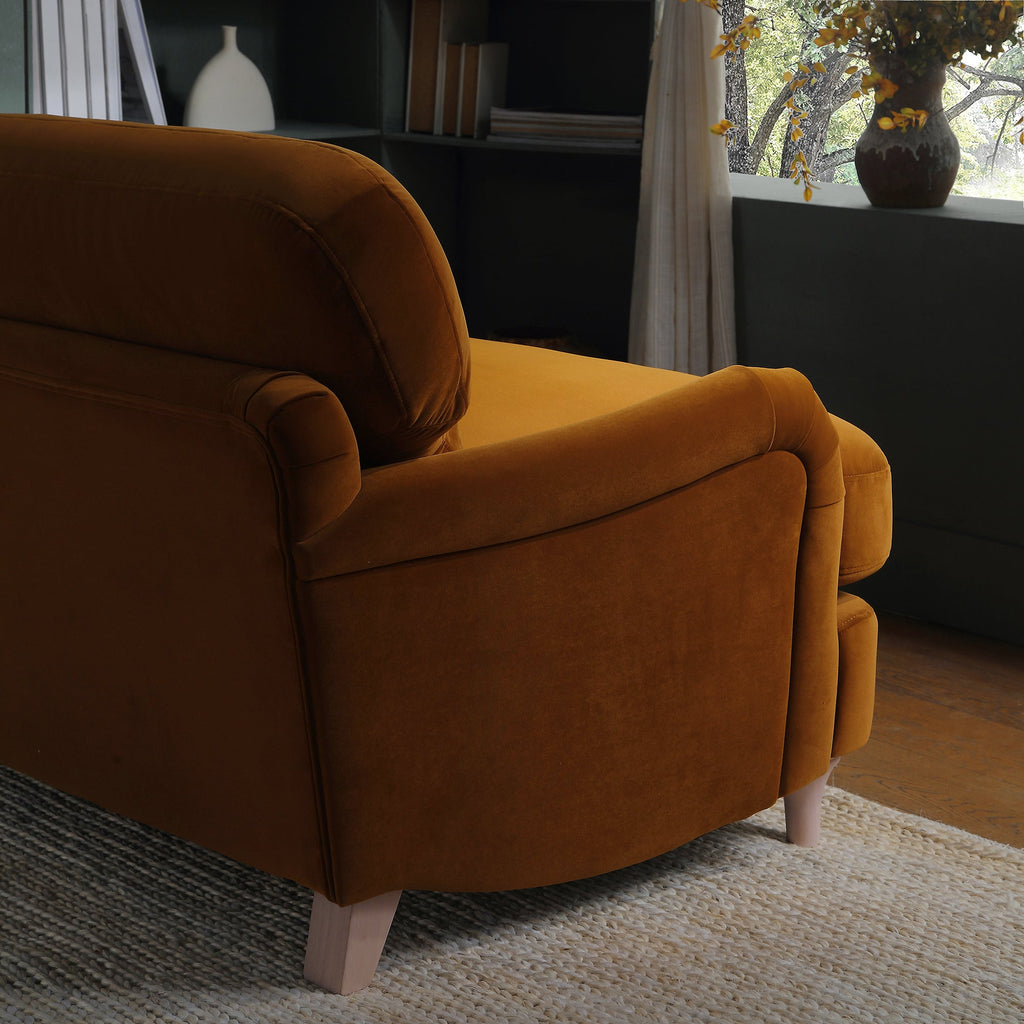 Traditional English Loveseat Sofa - Cinnamon Velvet, Curved Back, Hand Tufted Armrests, 1.5-Seater