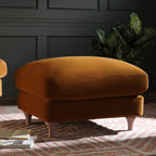 Traditional English Footstool - Cinnamon Velvet, Washed Wood Legs, Padded Seat, 31.5" W