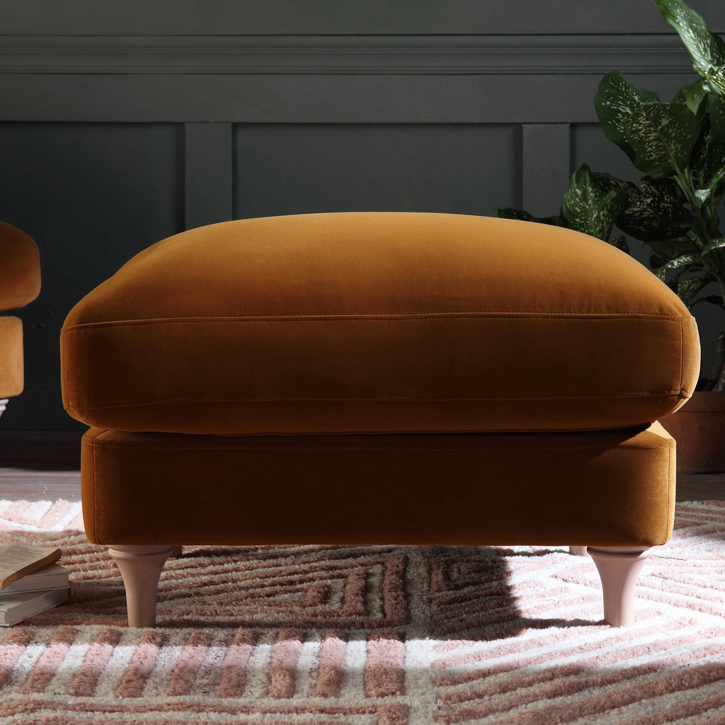 Traditional English Footstool - Cinnamon Velvet, Washed Wood Legs, Padded Seat, 31.5" W