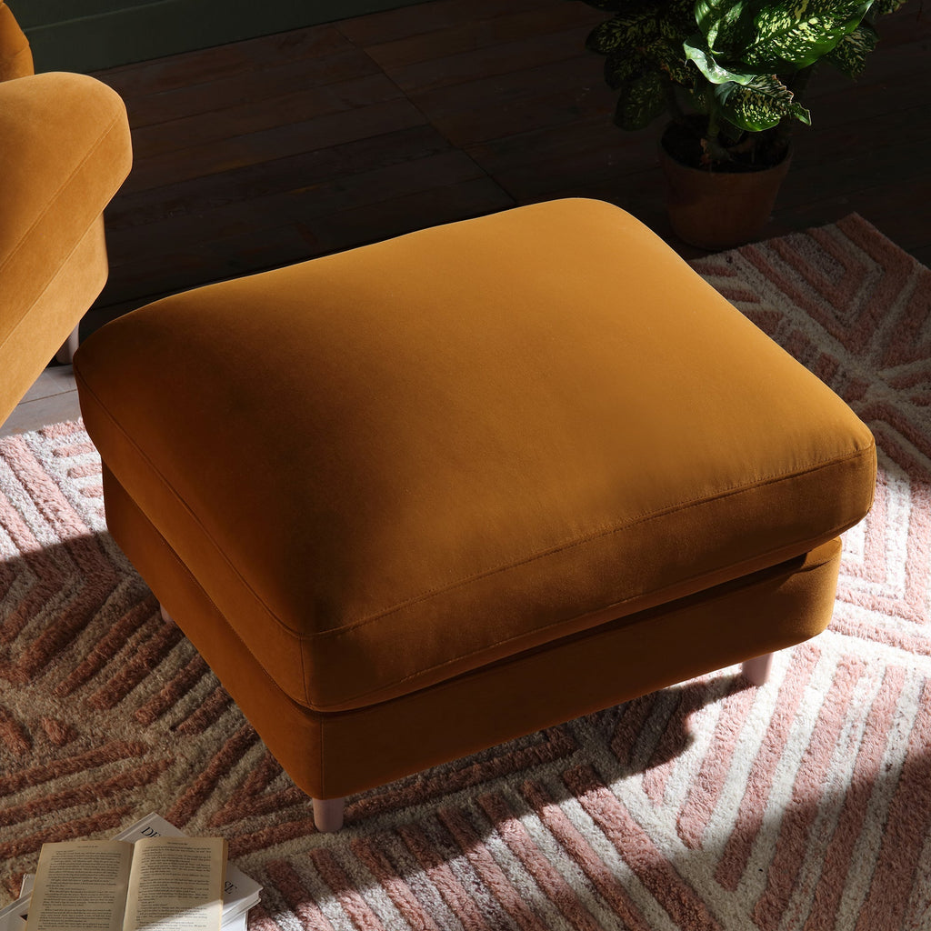 Traditional English Footstool - Cinnamon Velvet, Washed Wood Legs, Padded Seat, 31.5" W