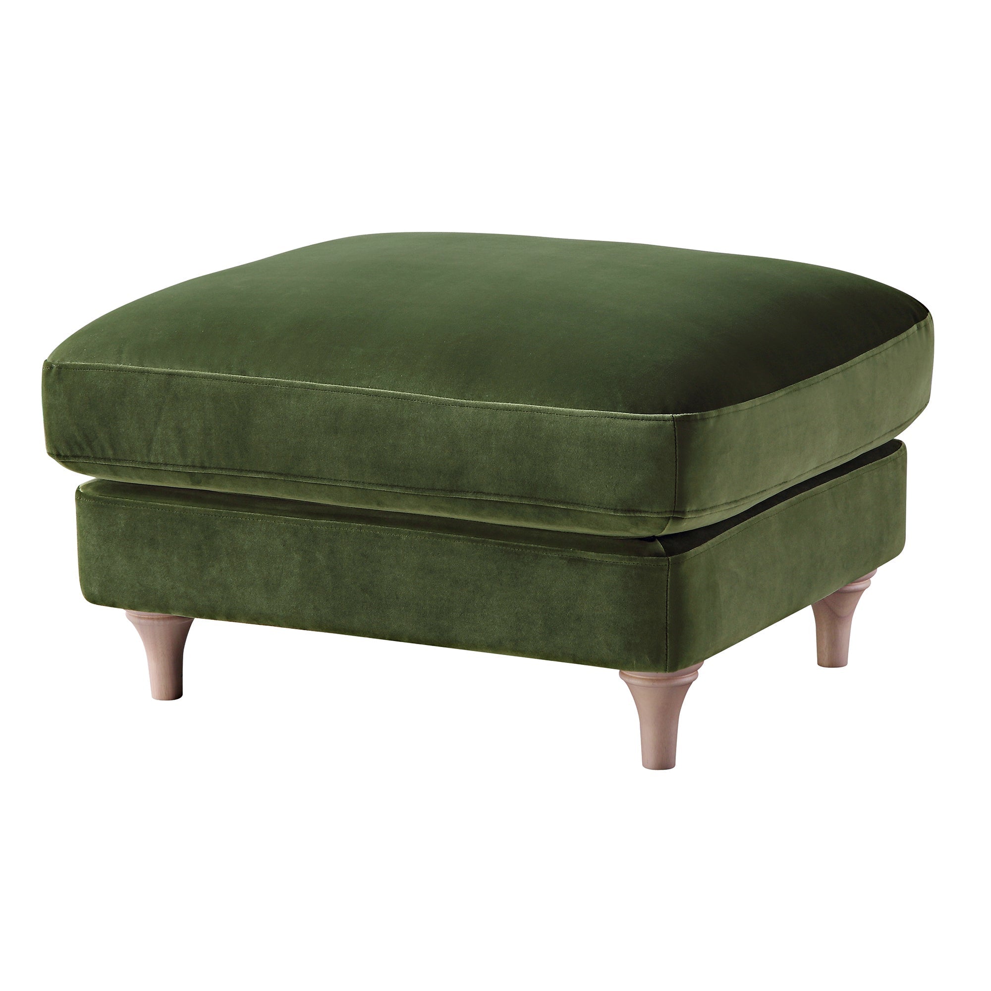 Traditional English Footstool - Fern Green Velvet, Washed Wood Legs, Padded Seat, 31.5" W