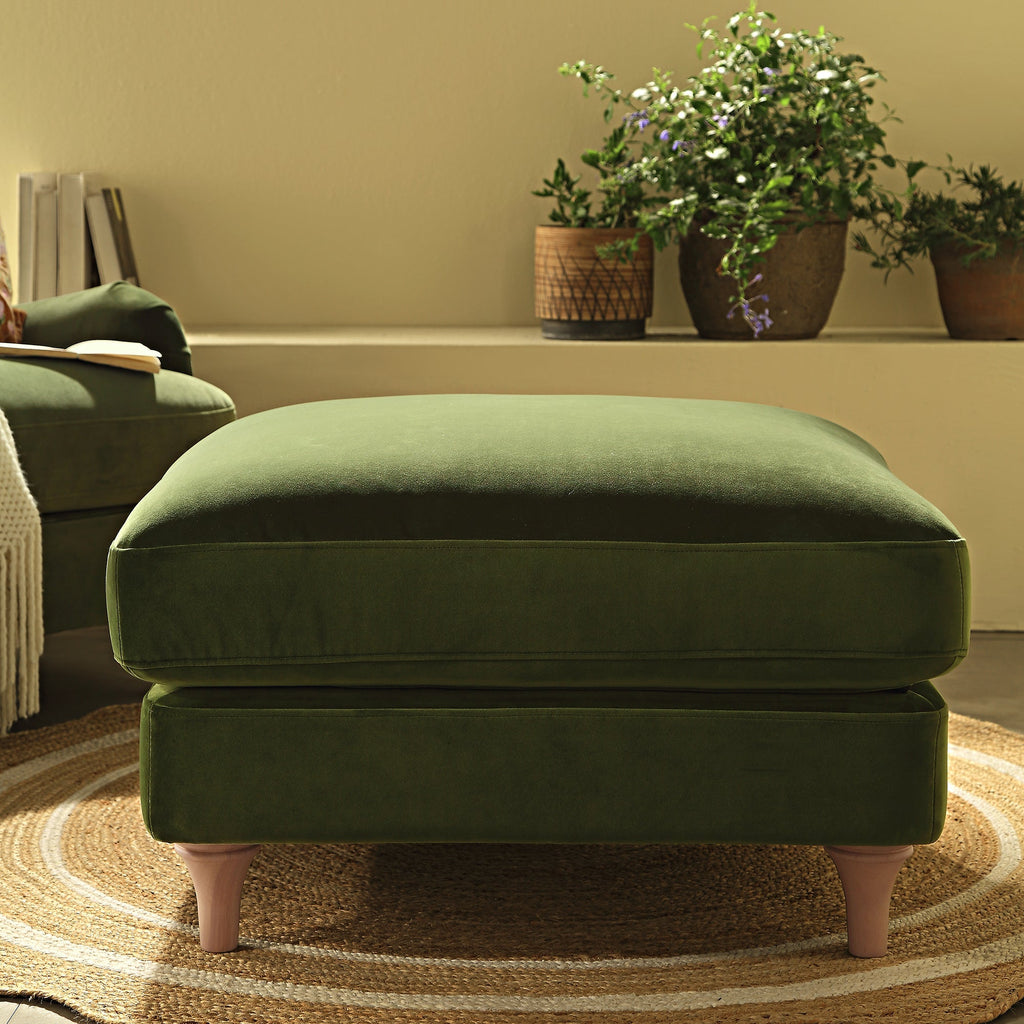Traditional English Footstool - Fern Green Velvet, Washed Wood Legs, Padded Seat, 31.5" W