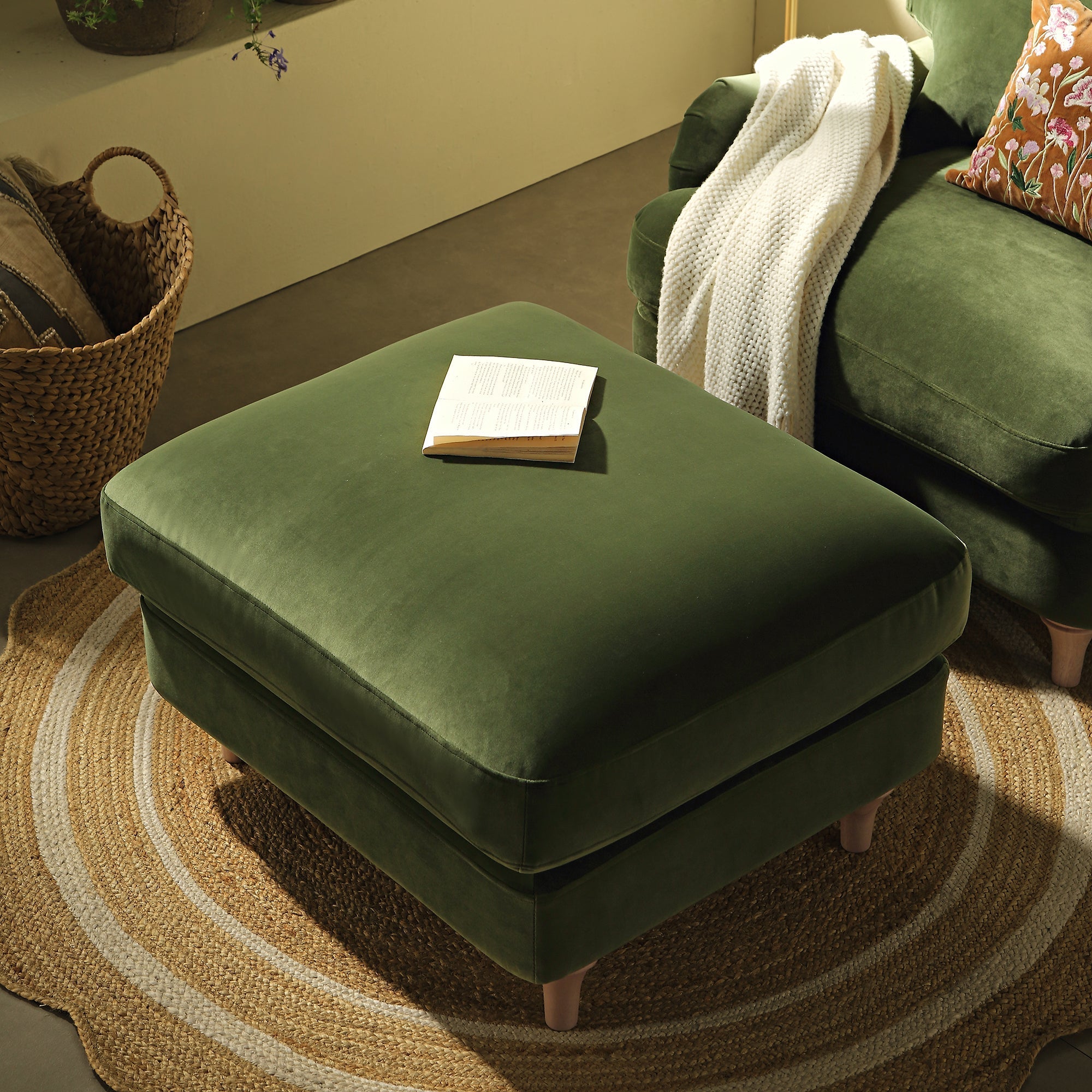 Traditional English Footstool - Fern Green Velvet, Washed Wood Legs, Padded Seat, 31.5" W