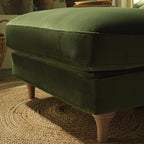 Traditional English Footstool - Fern Green Velvet, Washed Wood Legs, Padded Seat, 31.5" W