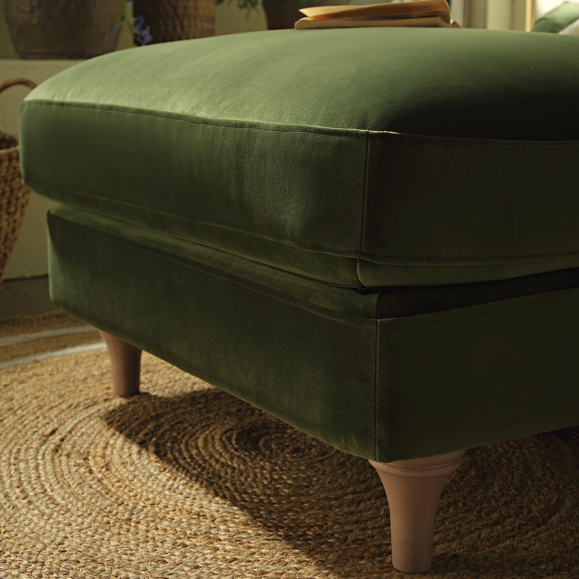 Traditional English Footstool - Fern Green Velvet, Washed Wood Legs, Padded Seat, 31.5" W