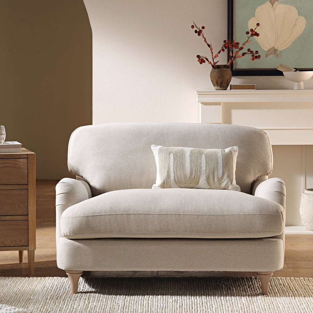 Traditional English Loveseat Sofa - Oatmeal Brushed Fabric, Curved Back, Hand Tufted Armrests, 1.5-Seater
