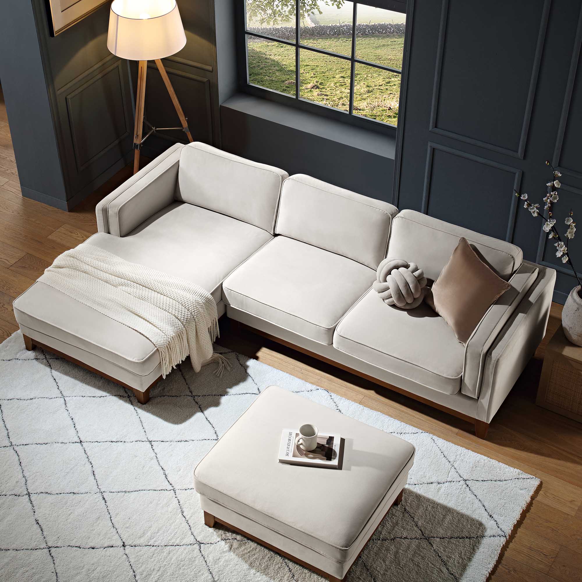 Champagne Velvet Sofa, Grande Chaise Sofa Left Hand Facing