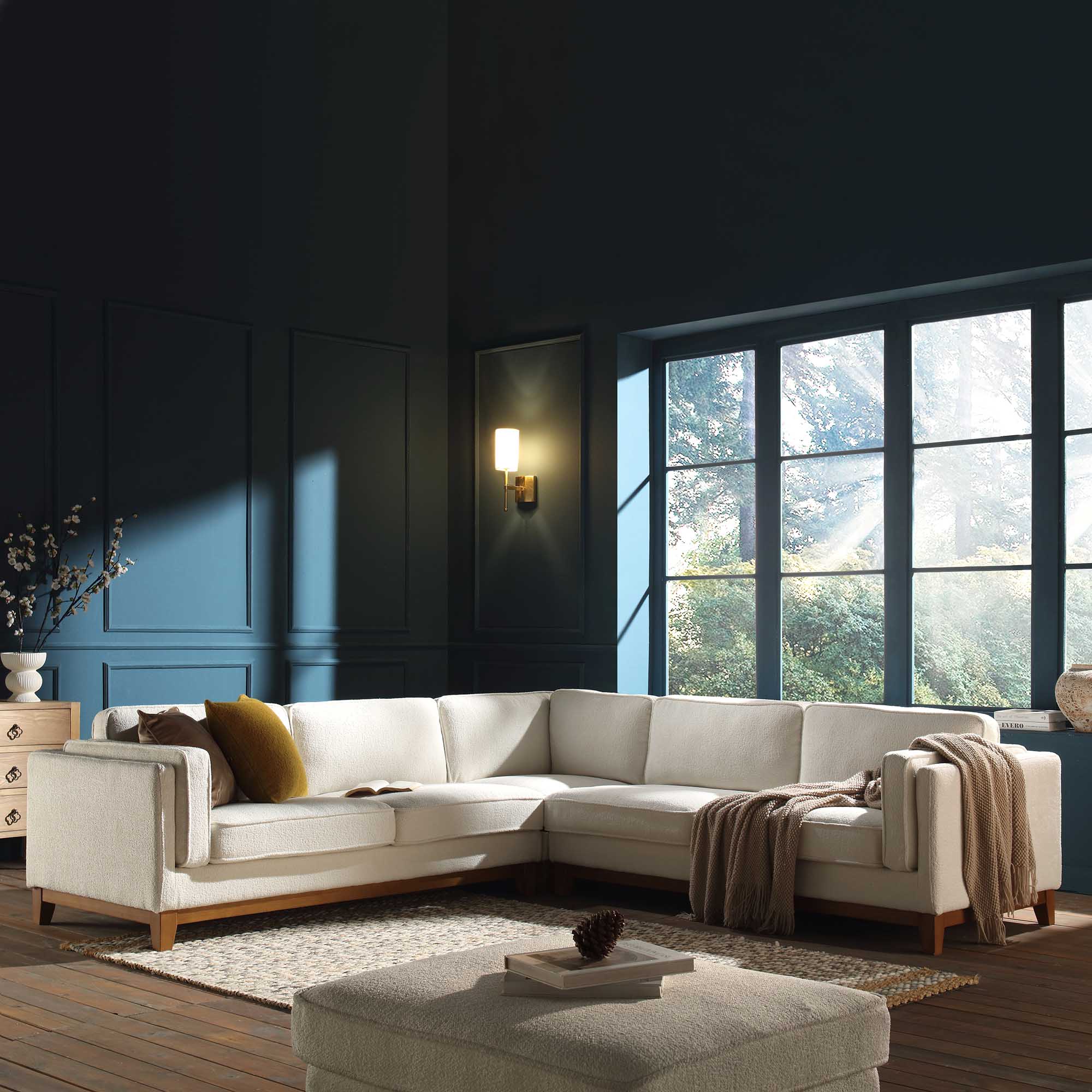 Beige Boucle Fabric Grande Corner Sofa