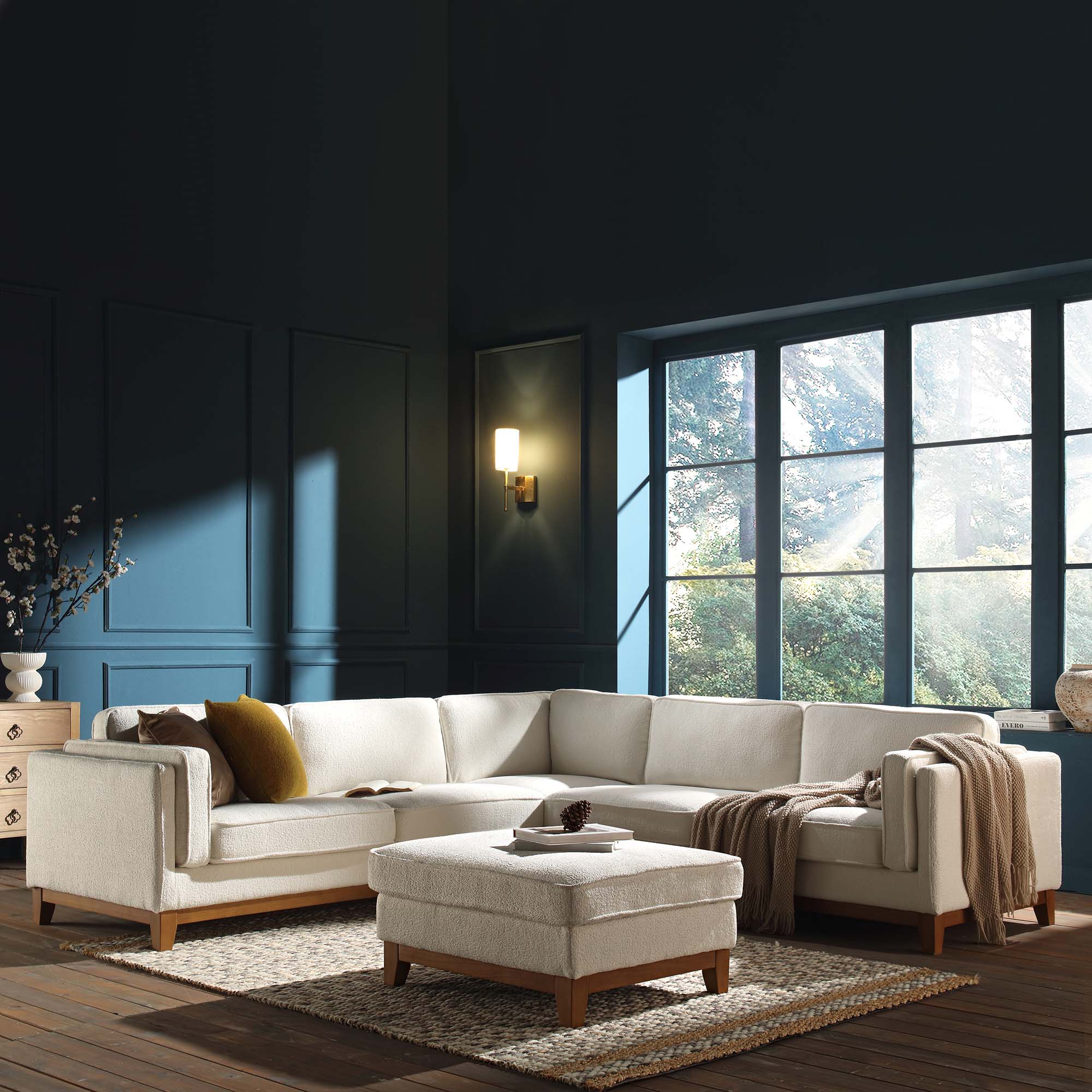 Beige Boucle Fabric Grande Corner Sofa