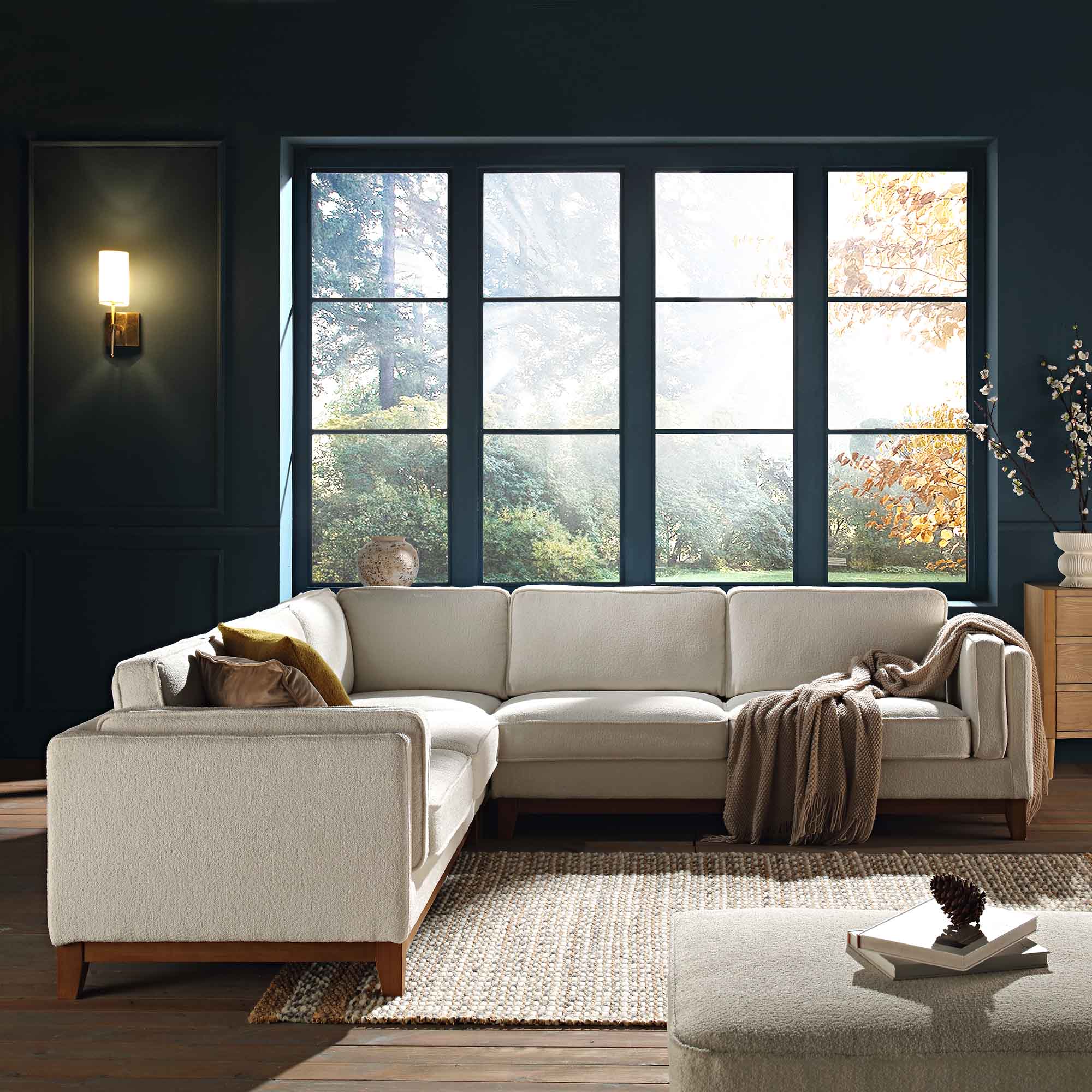 Beige Boucle Fabric Grande Corner Sofa