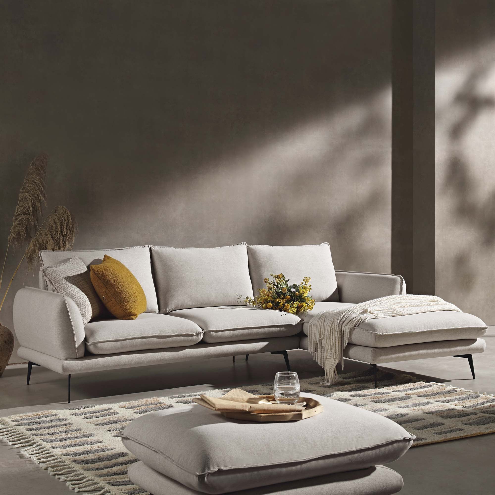 Oatmeal Fabric Sofa, Grande Chaise Sofa Right Hand Facing