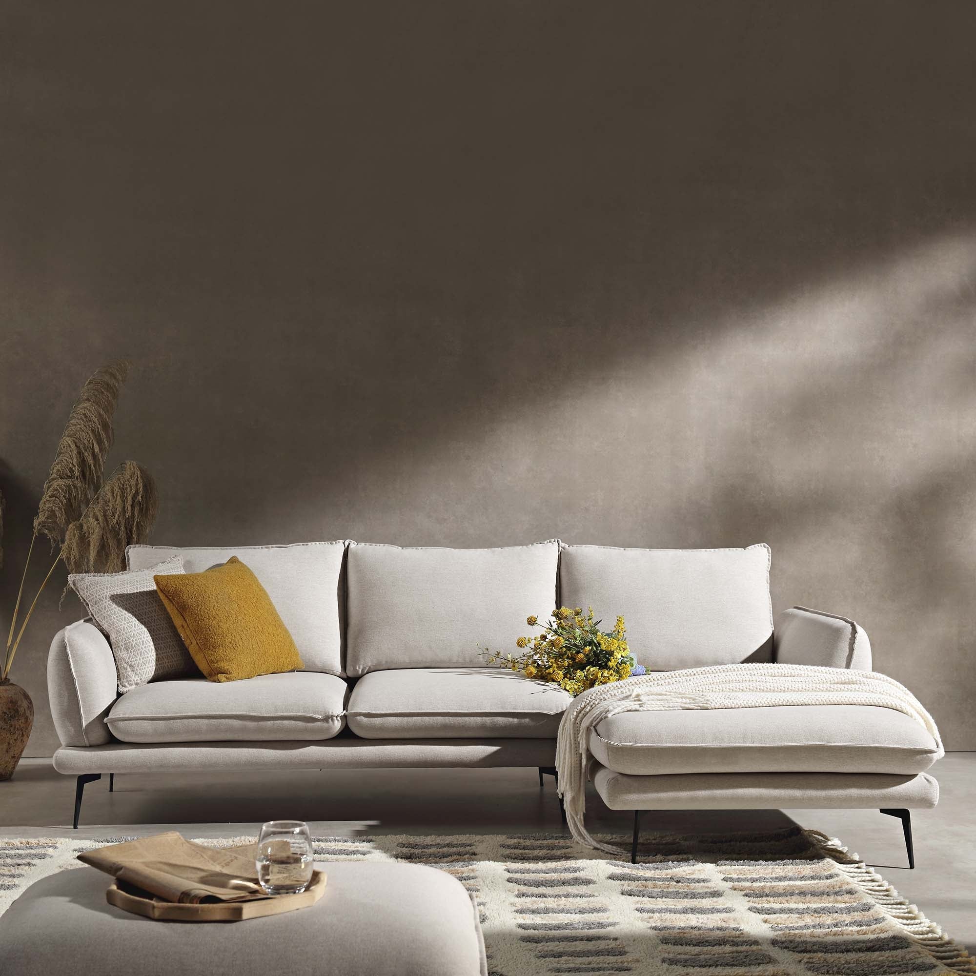 Oatmeal Fabric Sofa, Grande Chaise Sofa Right Hand Facing