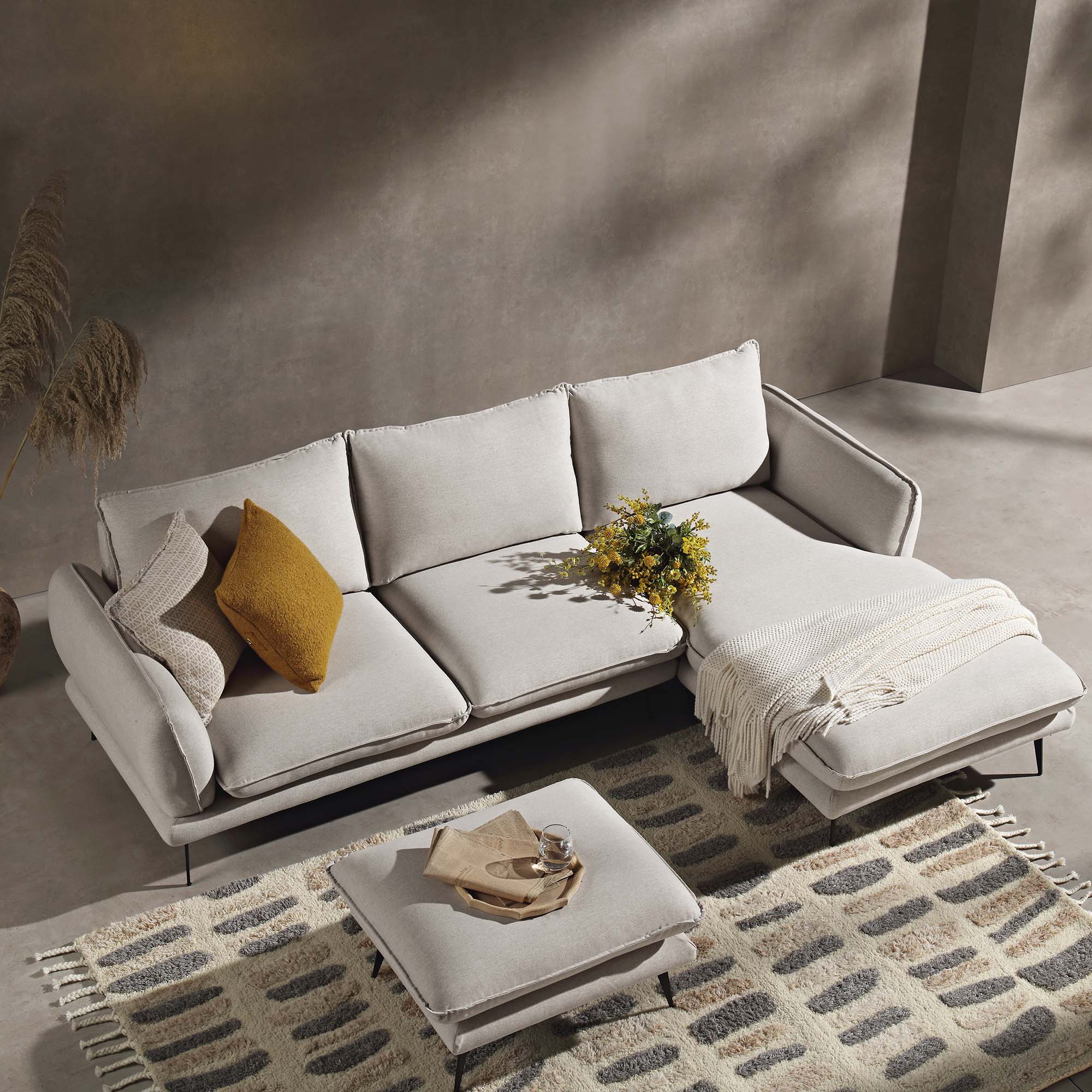 Oatmeal Fabric Sofa, Grande Chaise Sofa Right Hand Facing