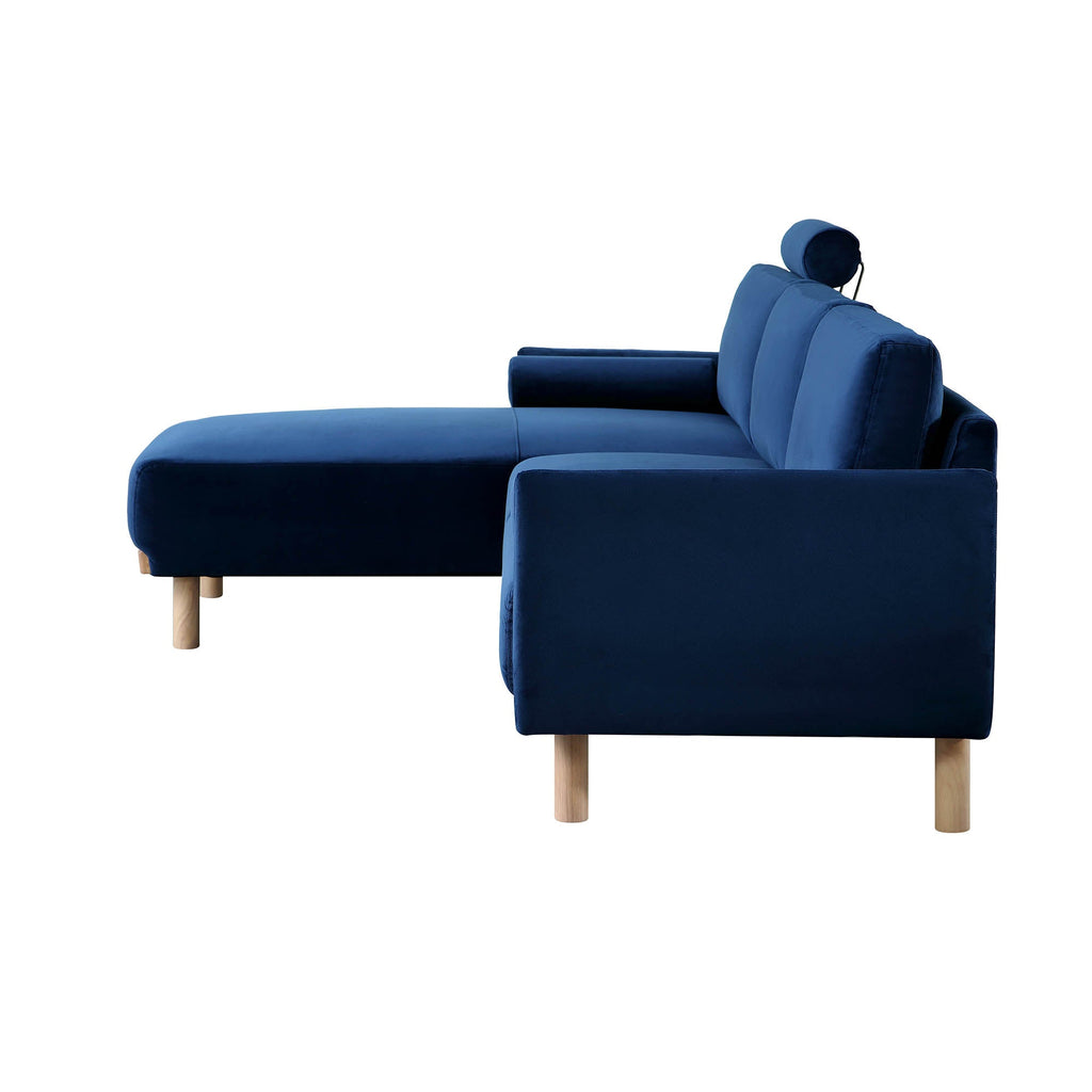 Navy Blue Velvet Sofa, Large 3-Seater Chaise Sofa Left Hand Facing