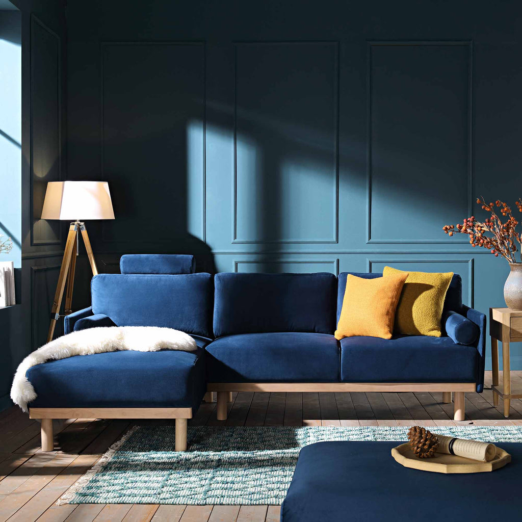 Navy Blue Velvet Sofa, Large 3-Seater Chaise Sofa Left Hand Facing