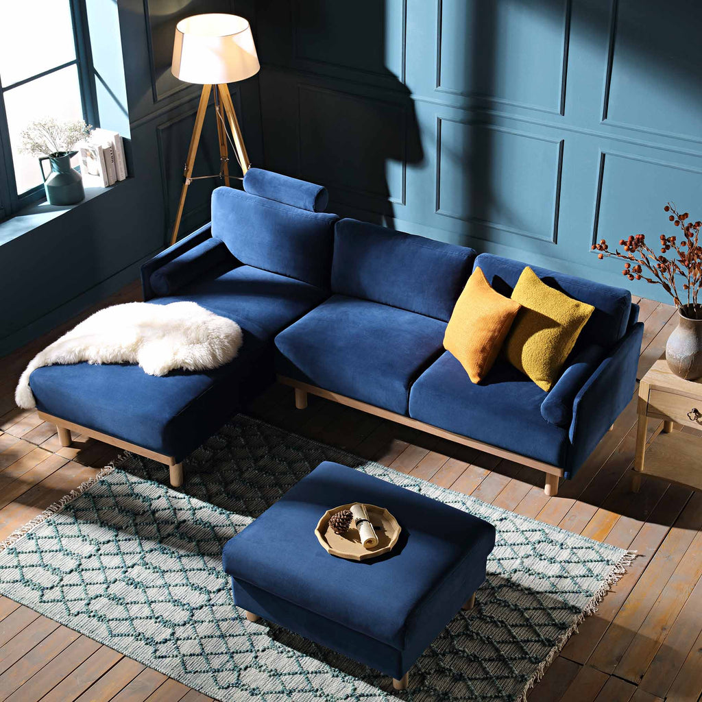 Navy Blue Velvet Sofa, Large 3-Seater Chaise Sofa Left Hand Facing