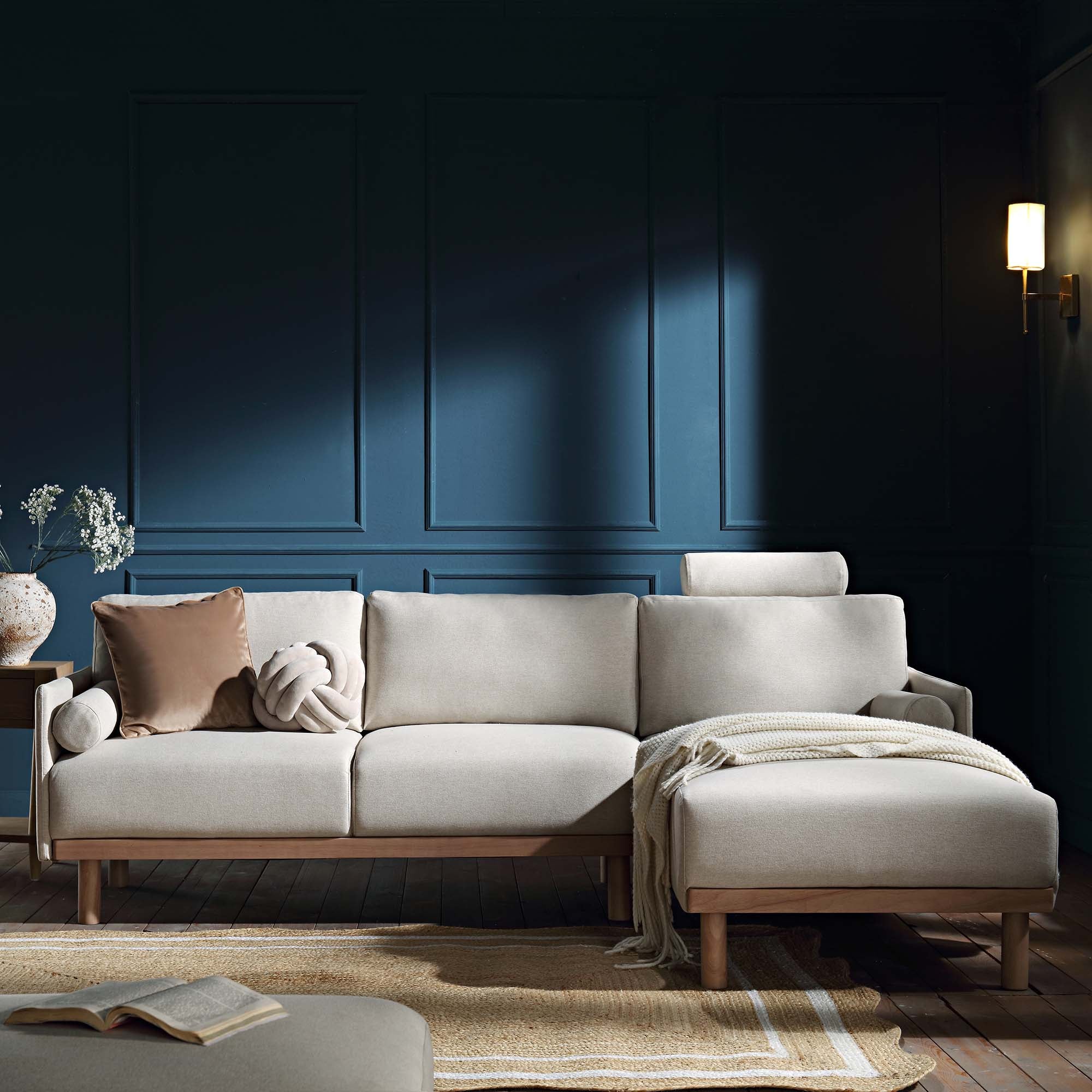 Oatmeal Fabric Sofa, Large 3-Seater Chaise Sofa Right Hand Facing