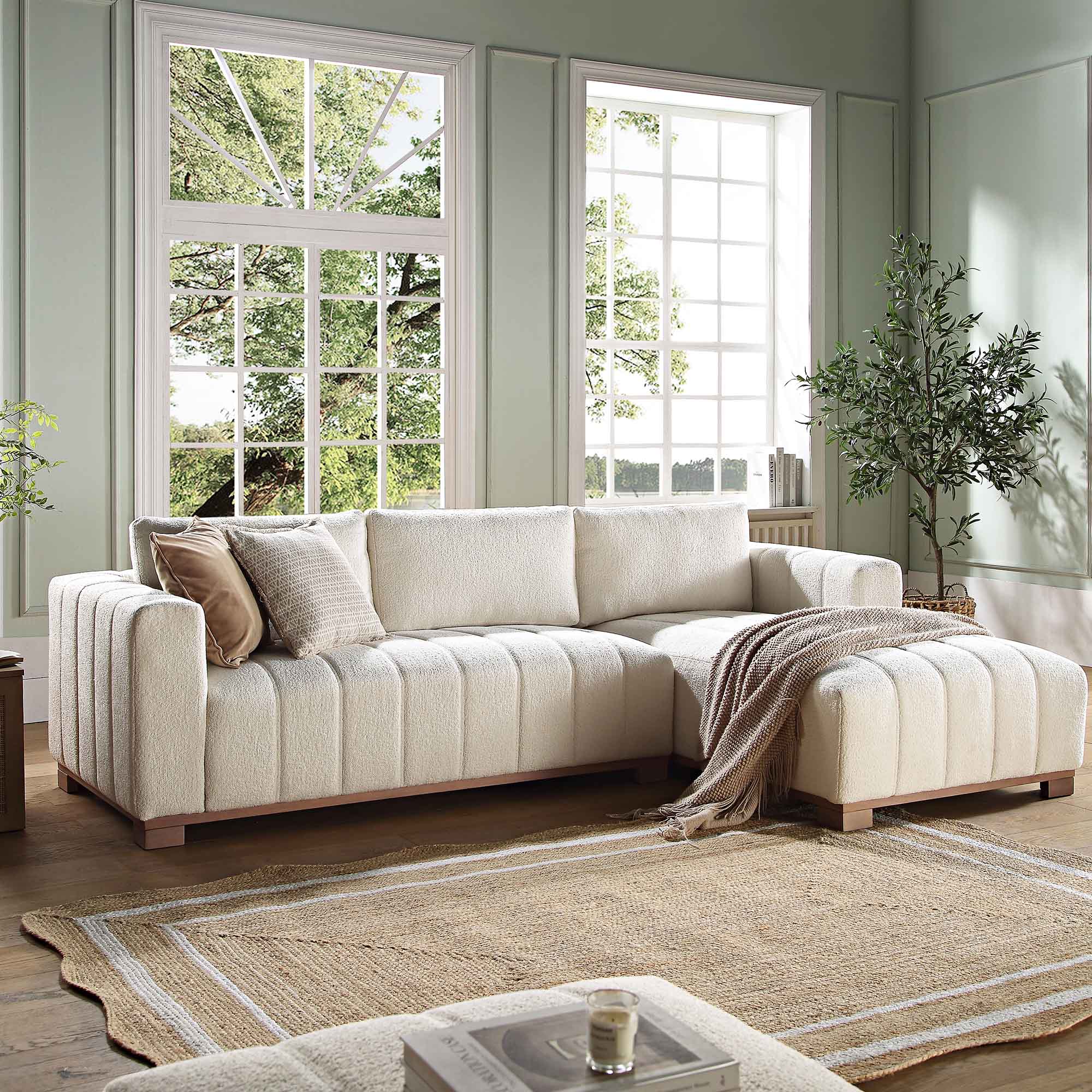 Beige Boucle Sofa with Wooden Base, Large Chaise Right Hand Facing