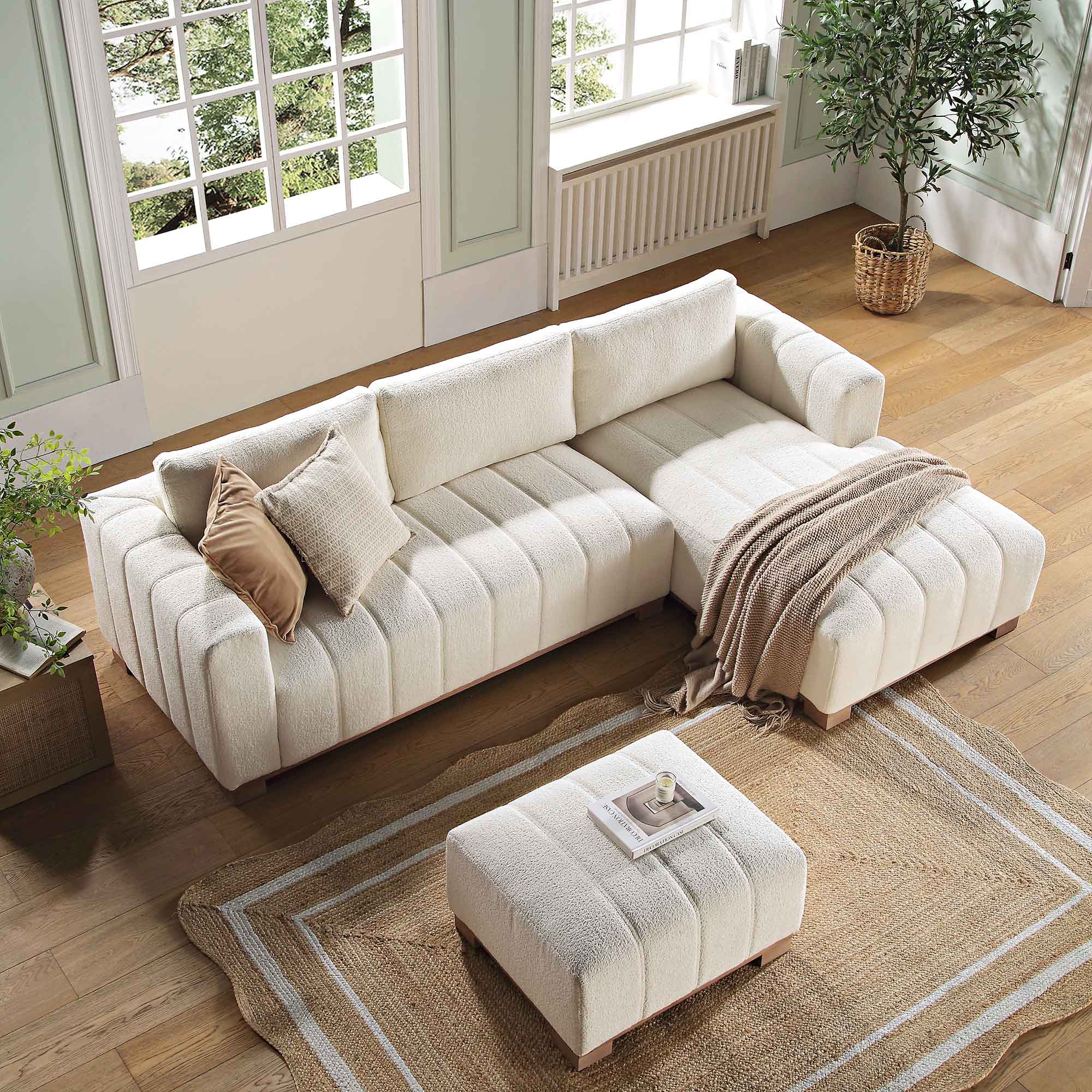 Beige Boucle Sofa with Wooden Base, Large Chaise Right Hand Facing