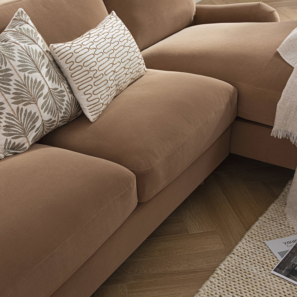 Camel Velvet Sofa, Grande Chaise Sofa Right Hand Facing
