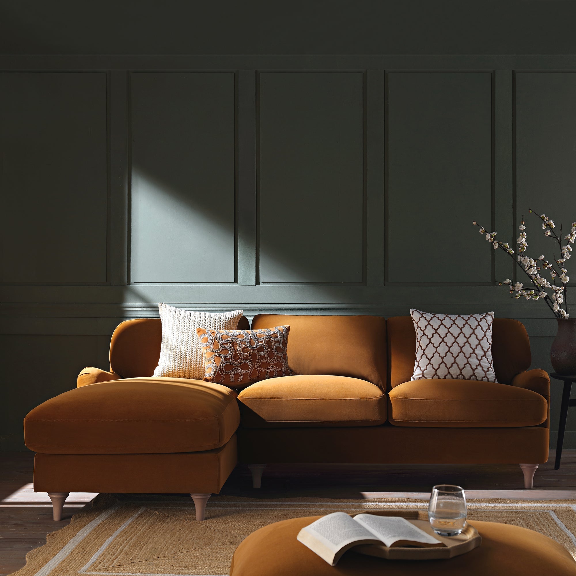 Cinnamon Velvet Sofa, Grande Chaise Sofa Left Hand Facing