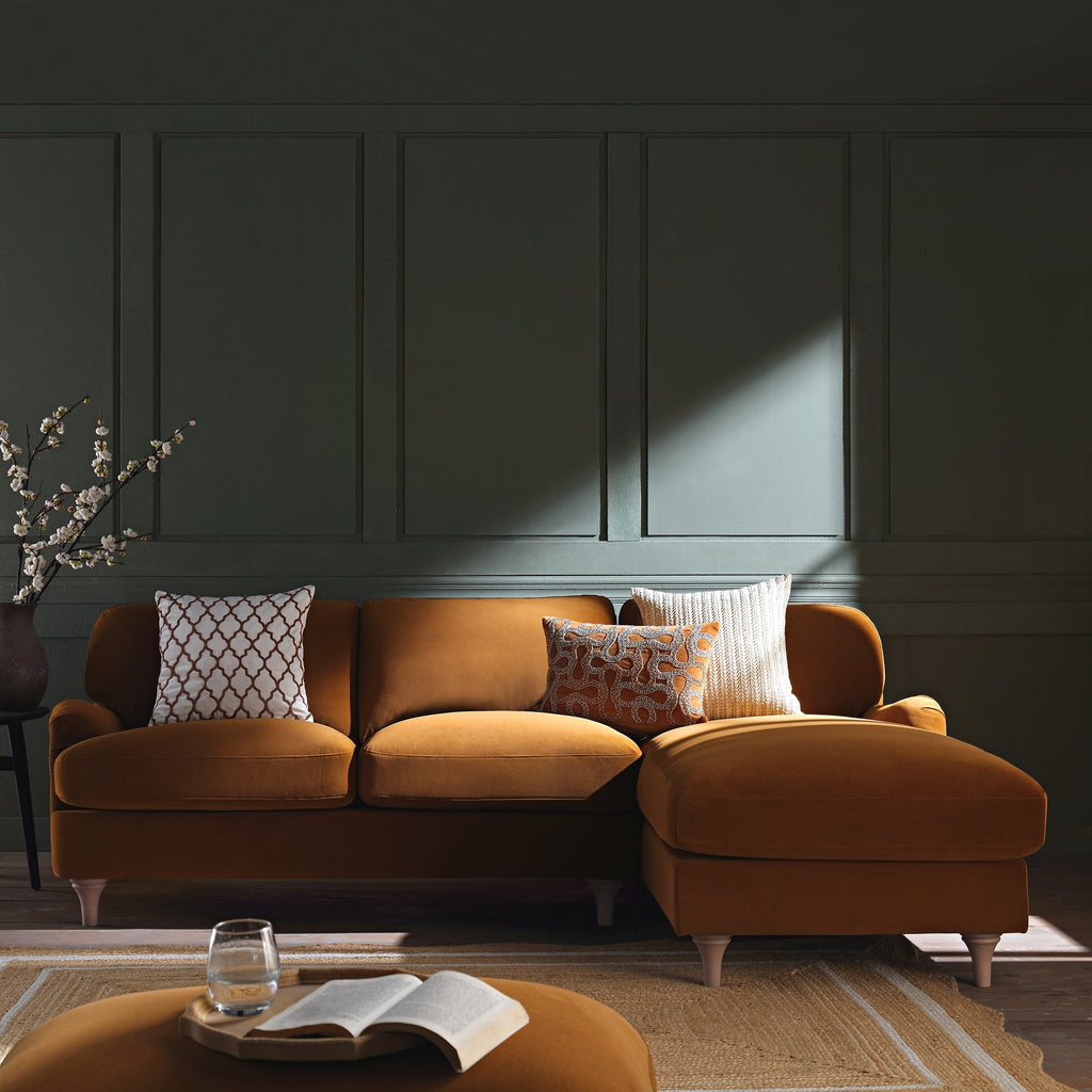 Cinnamon Velvet Sofa, Grande Chaise Sofa Right Hand Facing