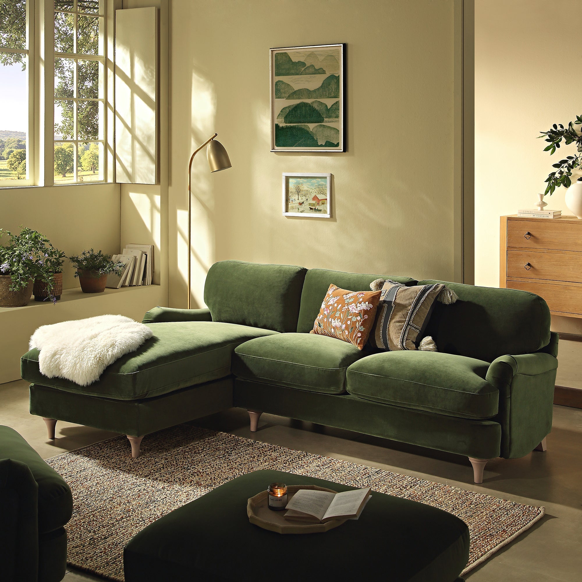 Fern Green Velvet Sofa, Grande Chaise Sofa Left Hand Facing