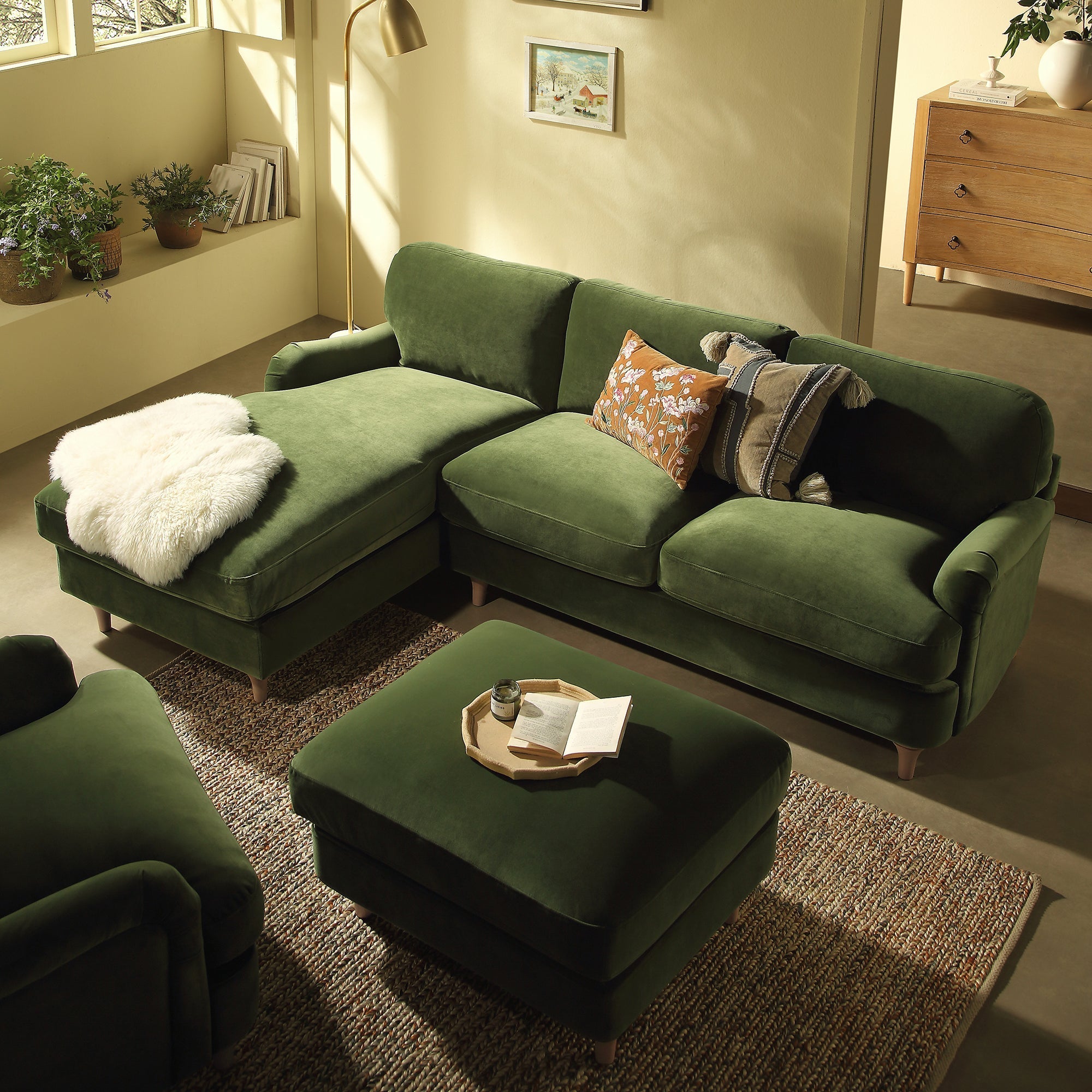 Fern Green Velvet Sofa, Grande Chaise Sofa Left Hand Facing