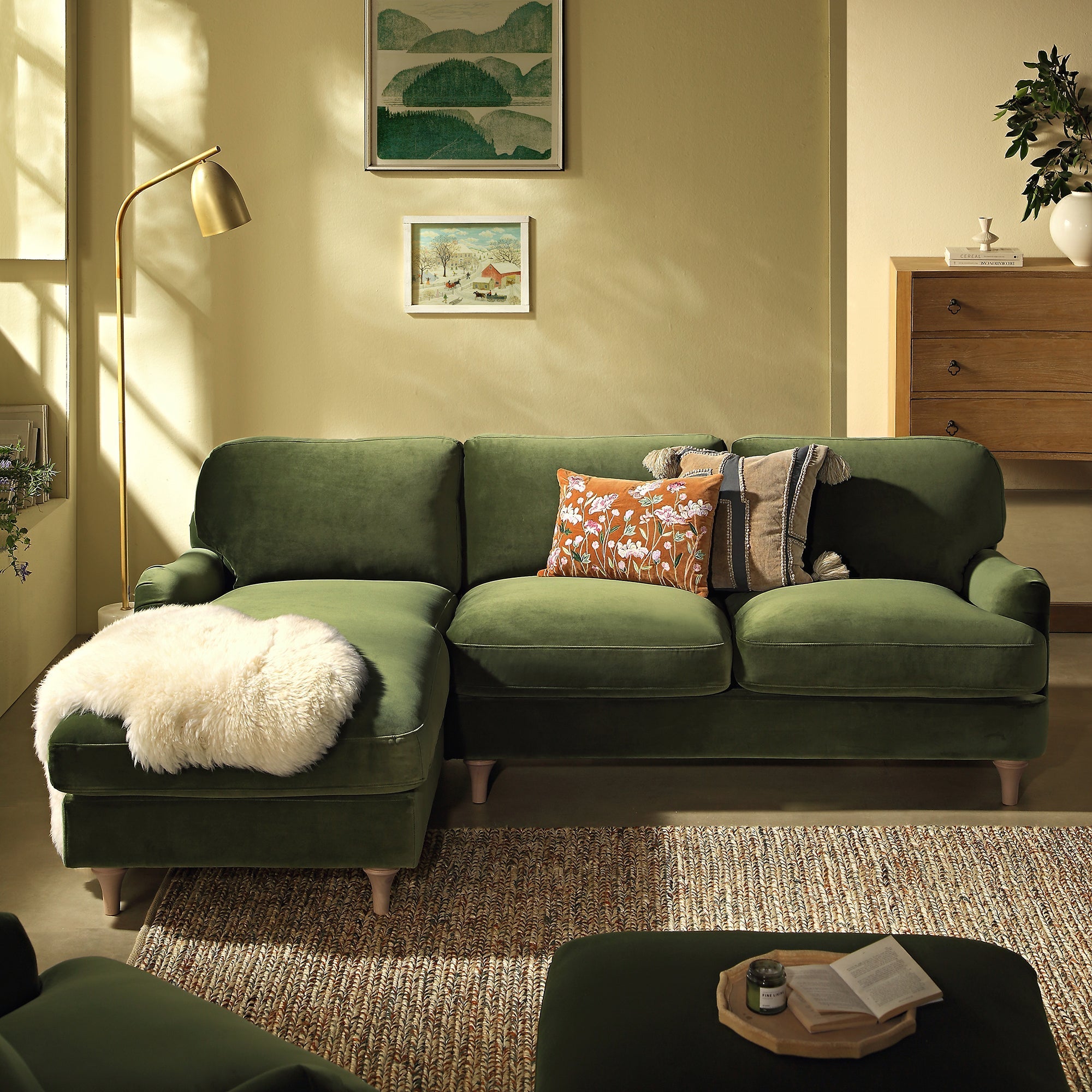 Fern Green Velvet Sofa, Grande Chaise Sofa Left Hand Facing