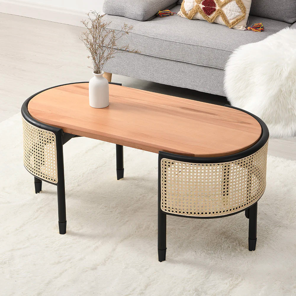 Cane Rattan Solid Wood Oval Coffee Table