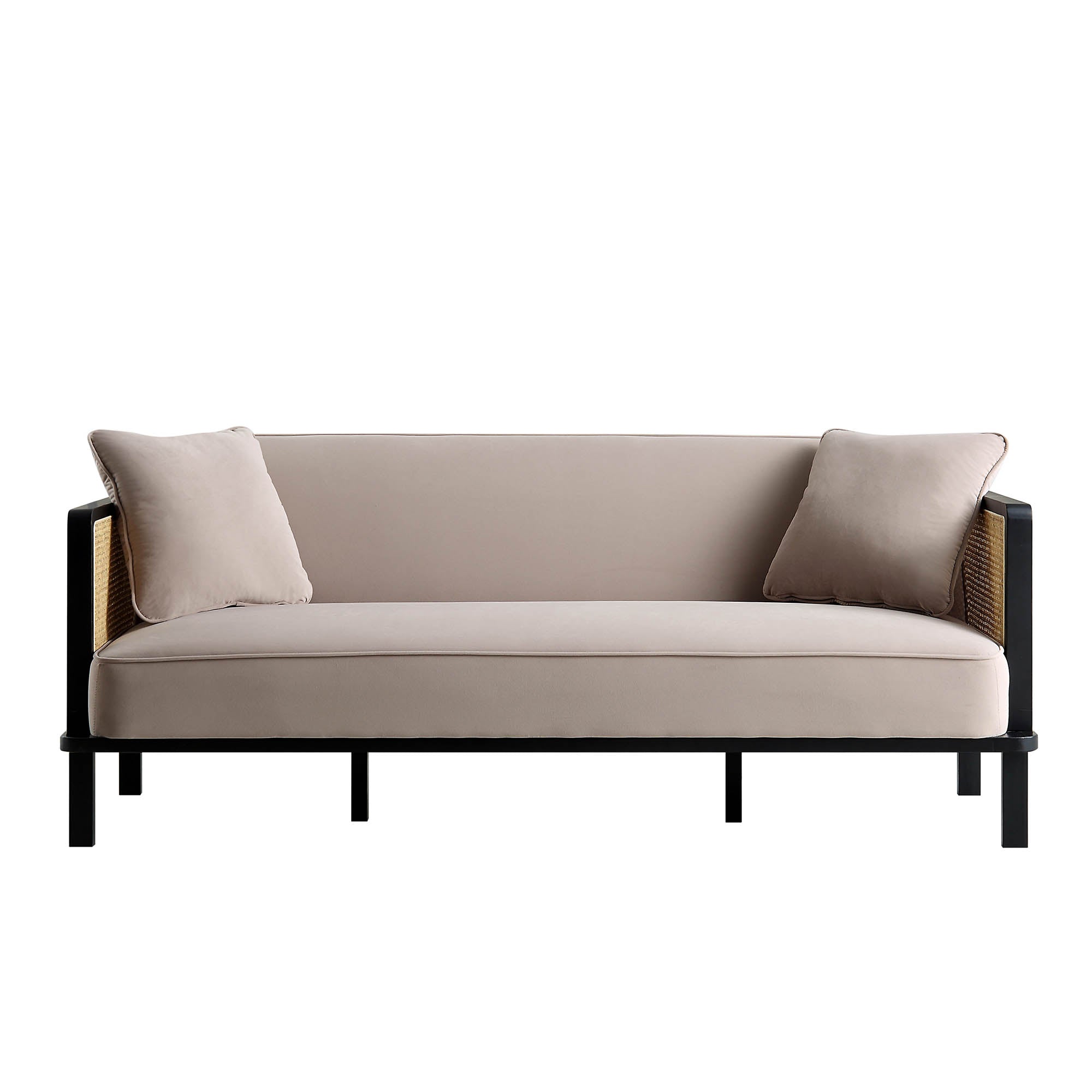Solid Wood and Cane Sofa Bed, Taupe Velvet with Black Frame